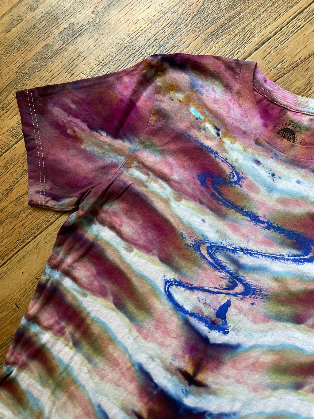 Snowboarder First Run Pink and Blue Tie Dye Short Sleeve T-Shirt | Men's Large