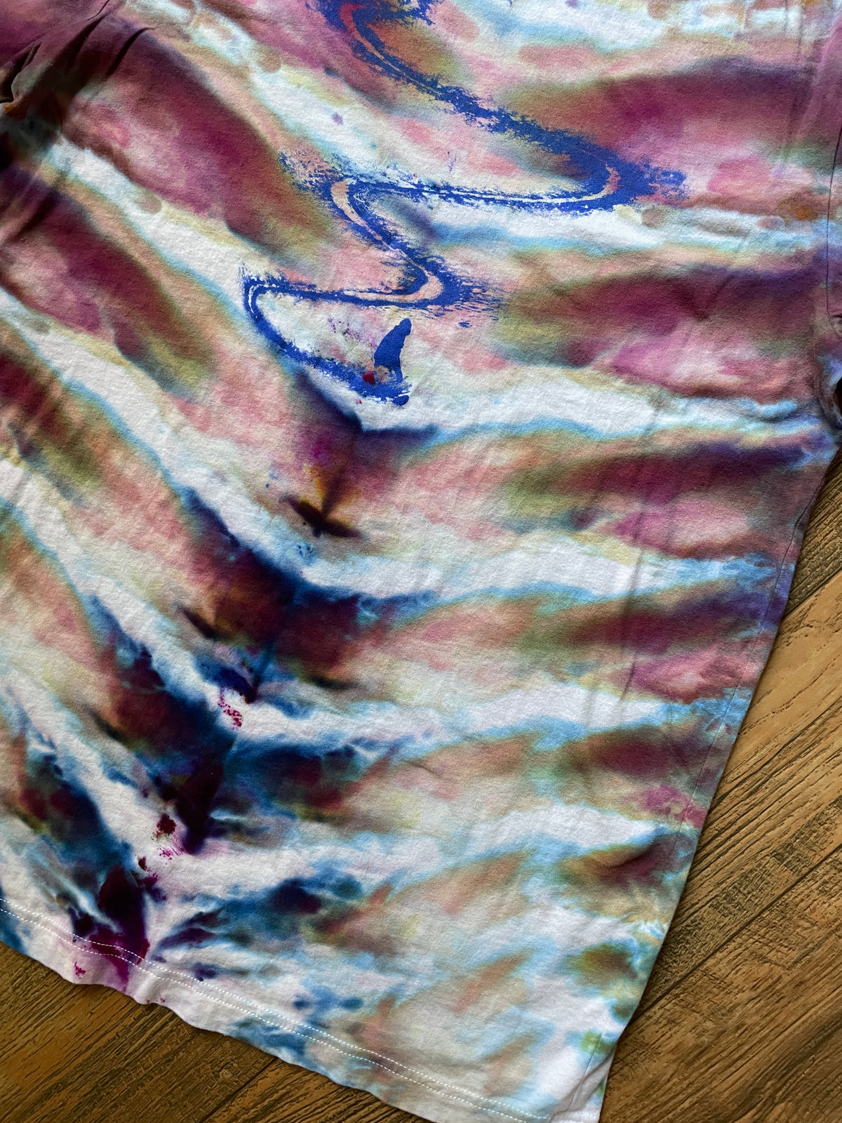 Snowboarder First Run Pink and Blue Tie Dye Short Sleeve T-Shirt | Men's Large