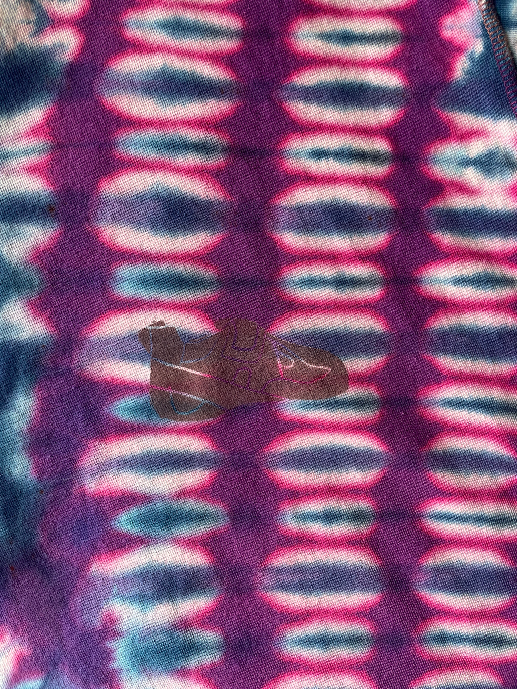 MEDIUM Women’s Climbing Shoe Reverse Handmade Tie Dye T-Shirt | One-Of-a-Kind Purple and Pink Short Sleeve