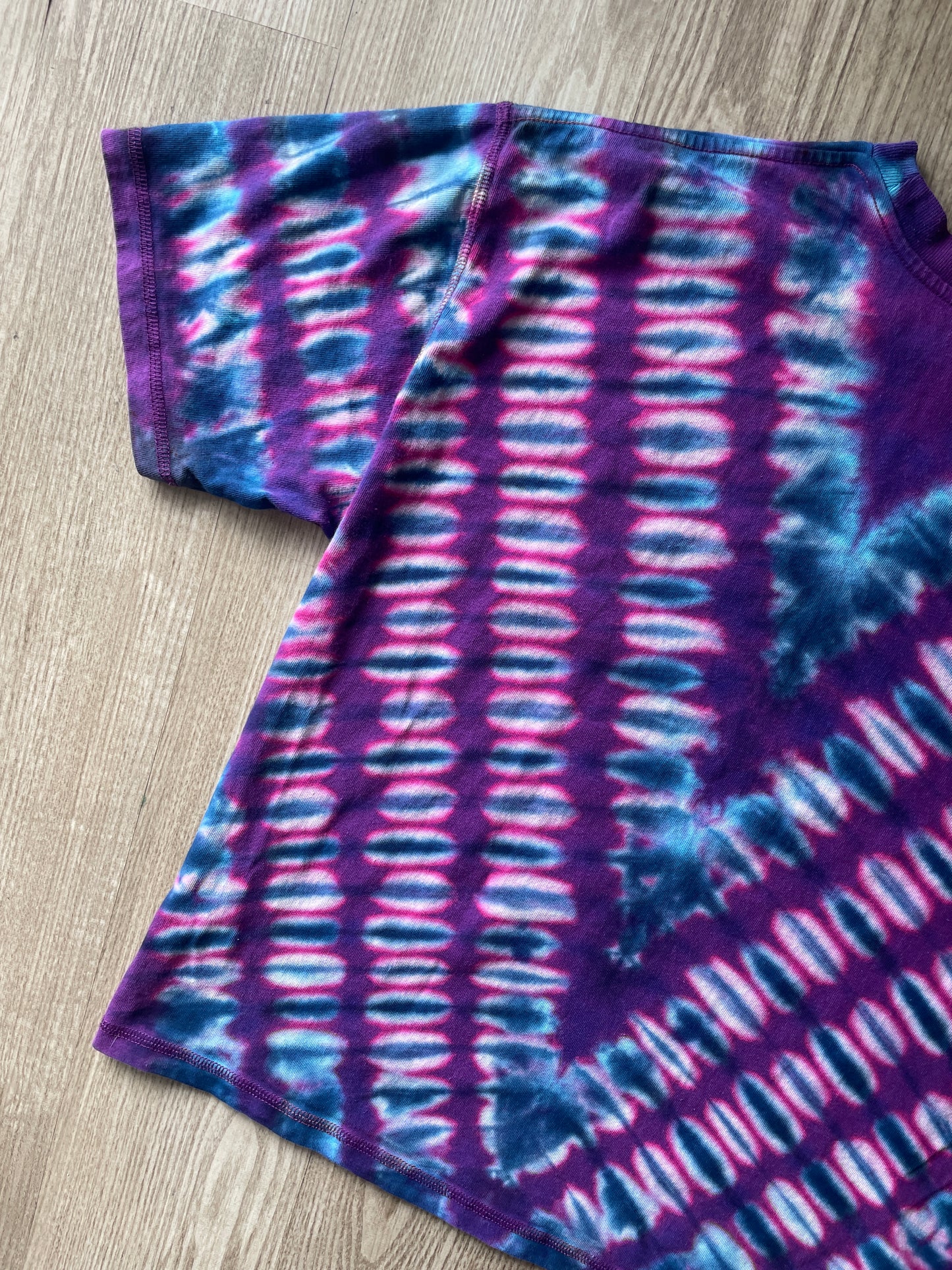 MEDIUM Women’s Climbing Shoe Reverse Handmade Tie Dye T-Shirt | One-Of-a-Kind Purple and Pink Short Sleeve