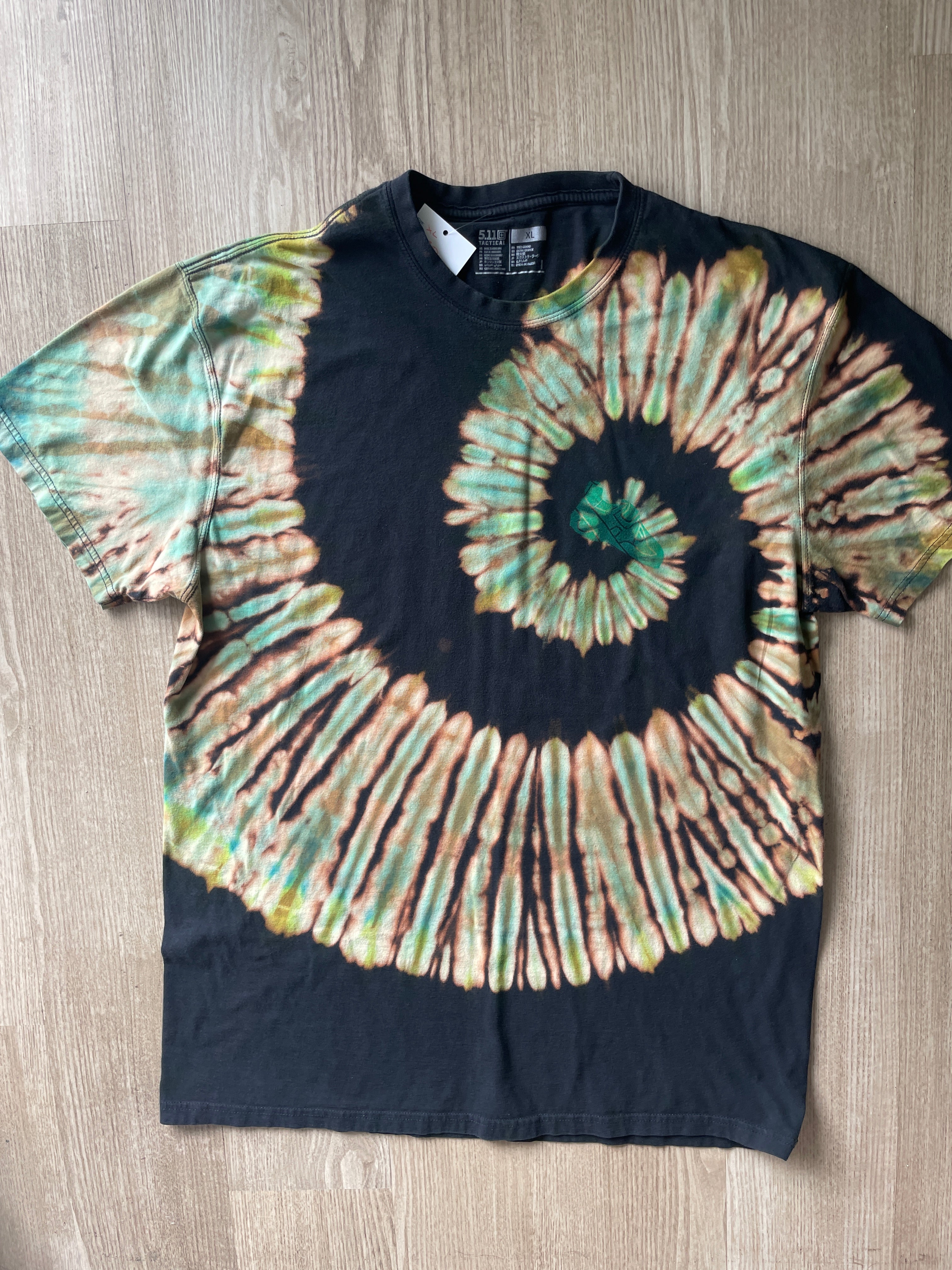 XL Men’s 5.11 Climbing Shoe Handmade Reversed Tie Dyed T-Shirt | One-Of-a-Kind Green and Black Short Sleeve