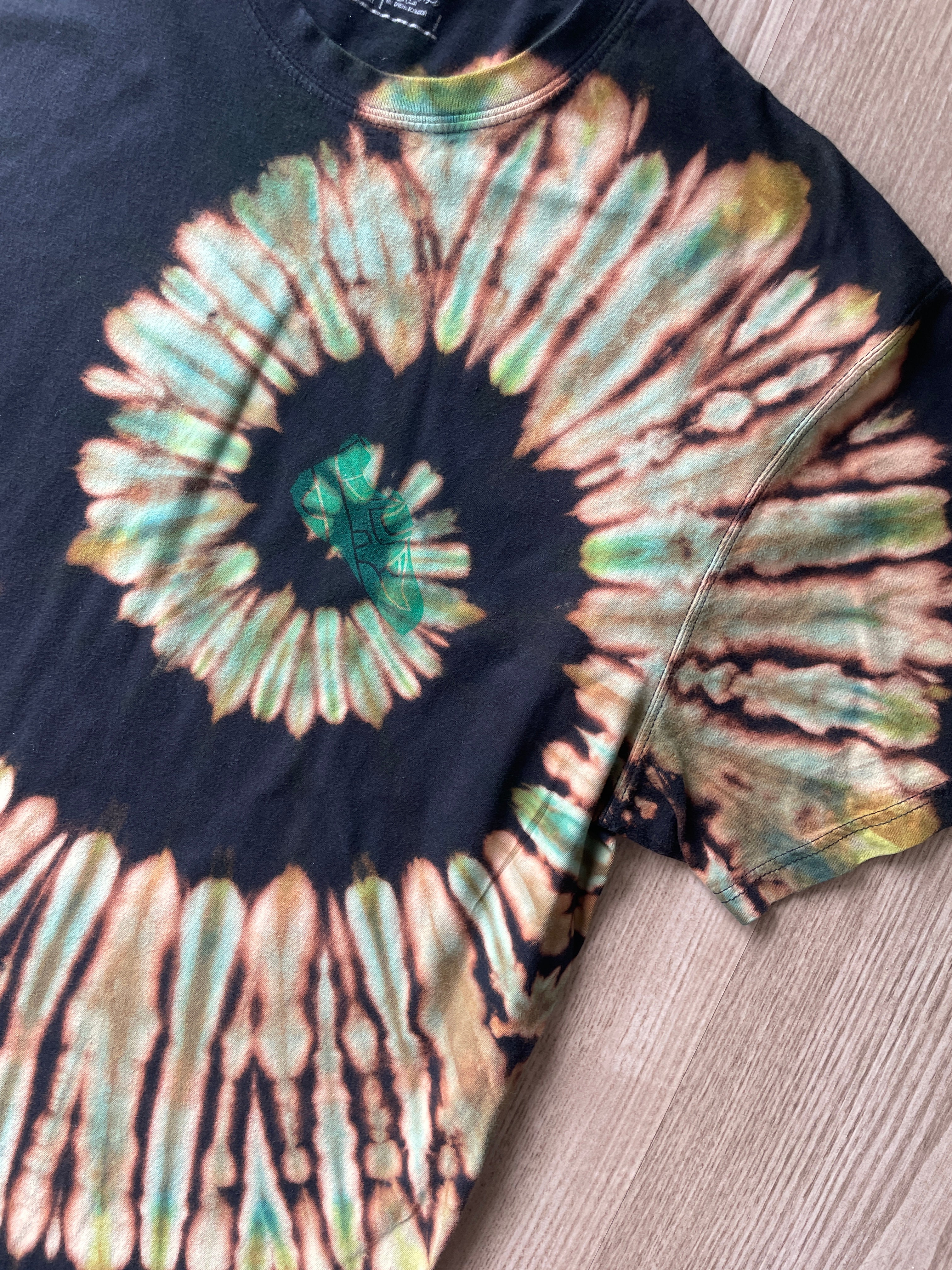 XL Men’s 5.11 Climbing Shoe Handmade Reversed Tie Dyed T-Shirt | One-Of-a-Kind Green and Black Short Sleeve