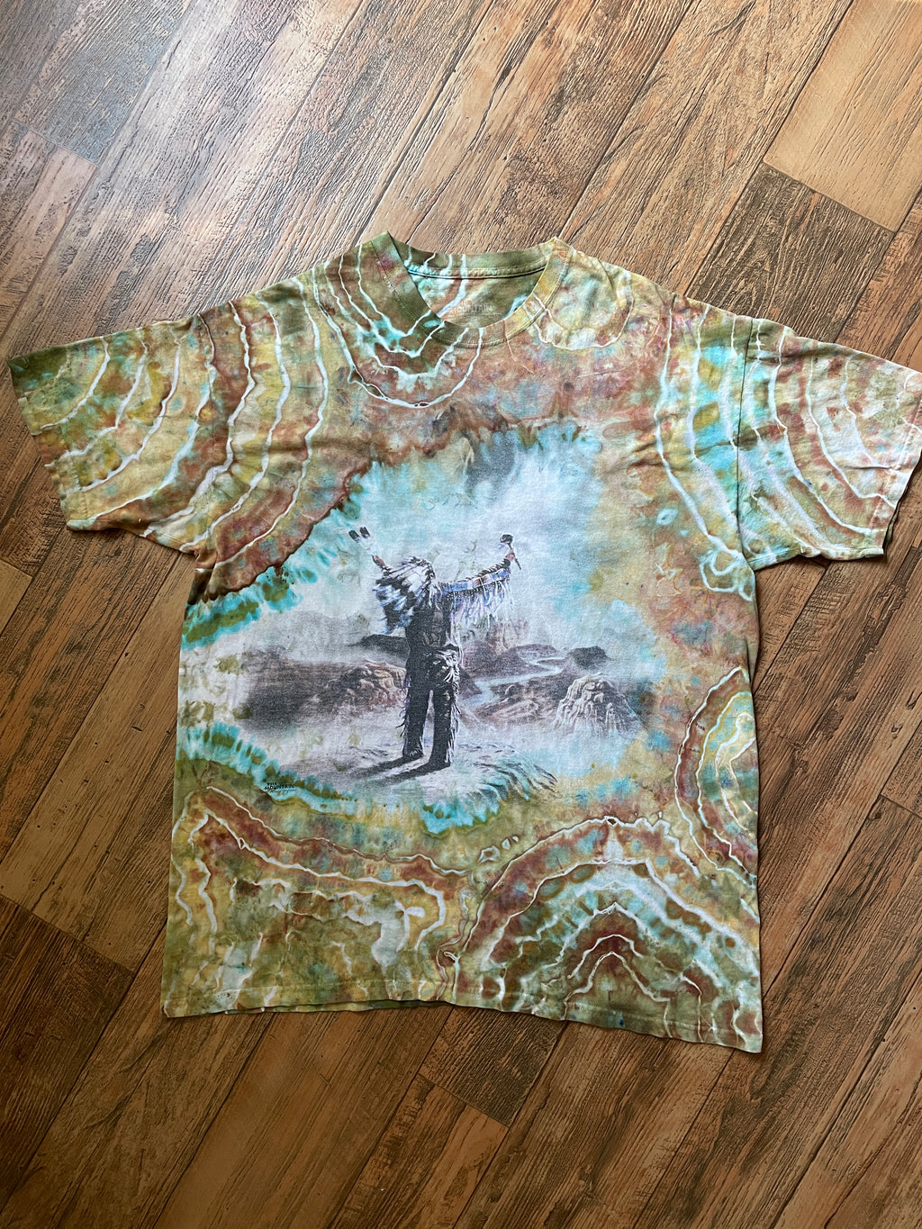 Native American Chief Sky Horses Earth Tones Geode Tie Dye Short Sleeve T-Shirt | Men's 2XL