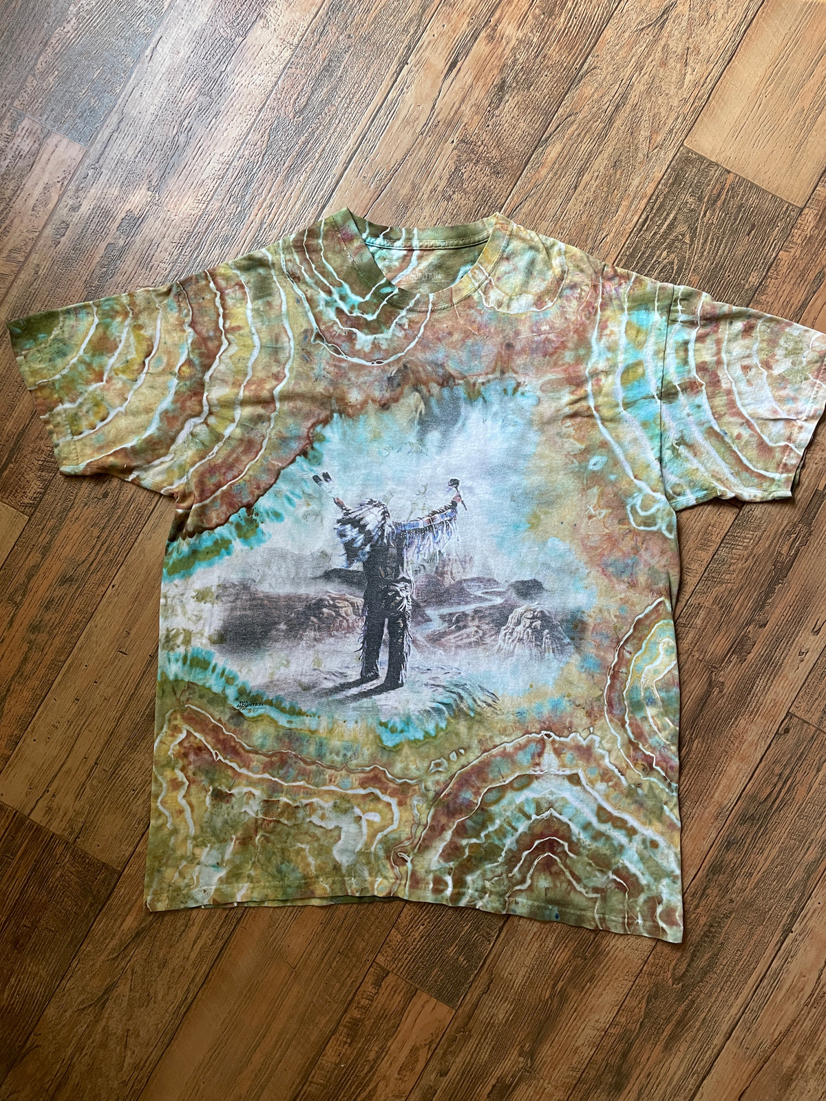 Native American Chief Sky Horses Earth Tones Geode Tie Dye Short Sleeve T-Shirt | Men's 2XL