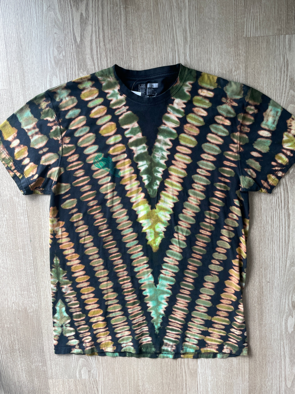 XL Men’s 5.11 Climbing Shoe Handmade Reversed Tie Dyed T-Shirt | One-Of-a-Kind Green and Black Short Sleeve