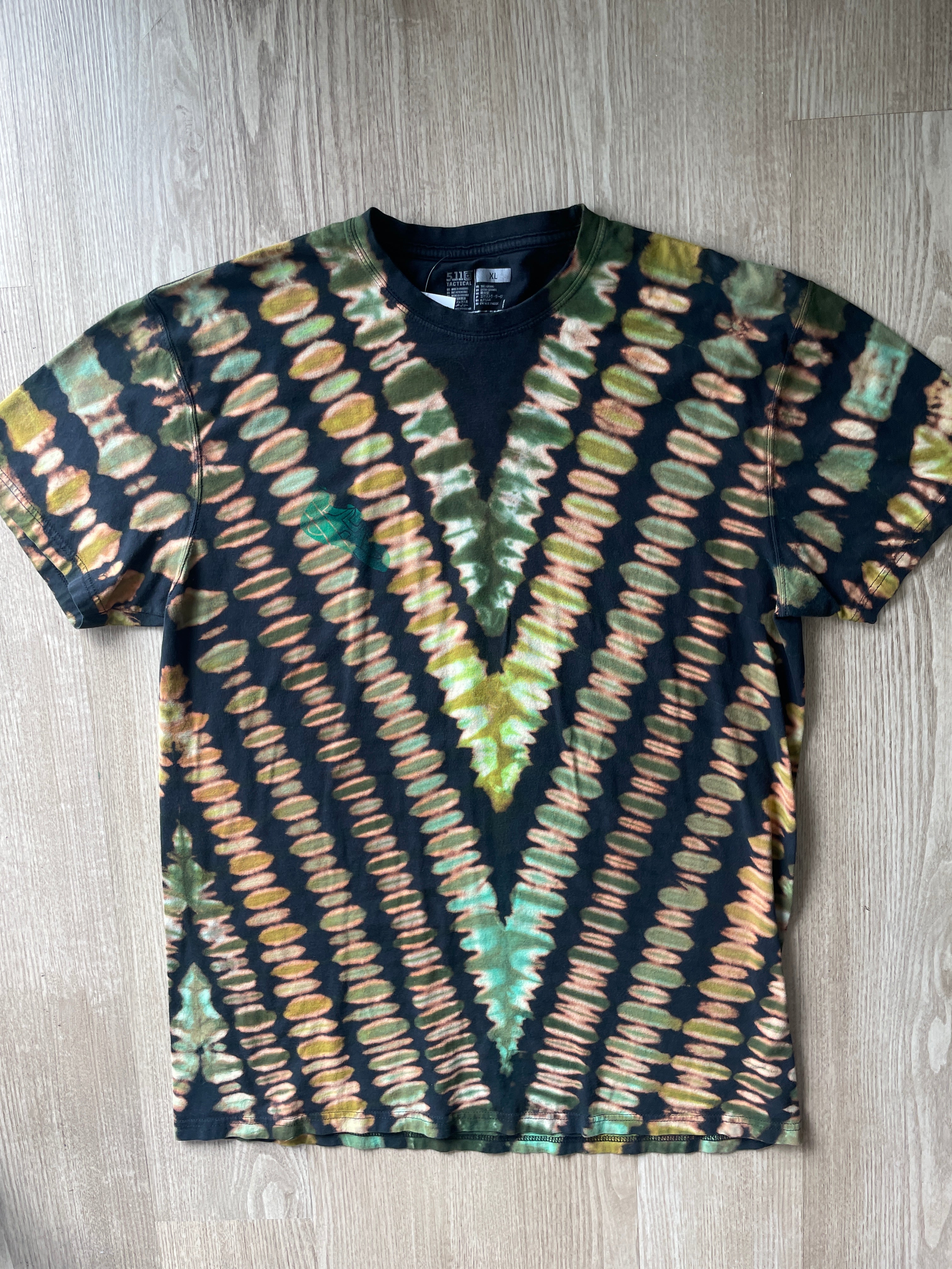 XL Men’s 5.11 Climbing Shoe Handmade Reversed Tie Dyed T-Shirt | One-Of-a-Kind Green and Black Short Sleeve
