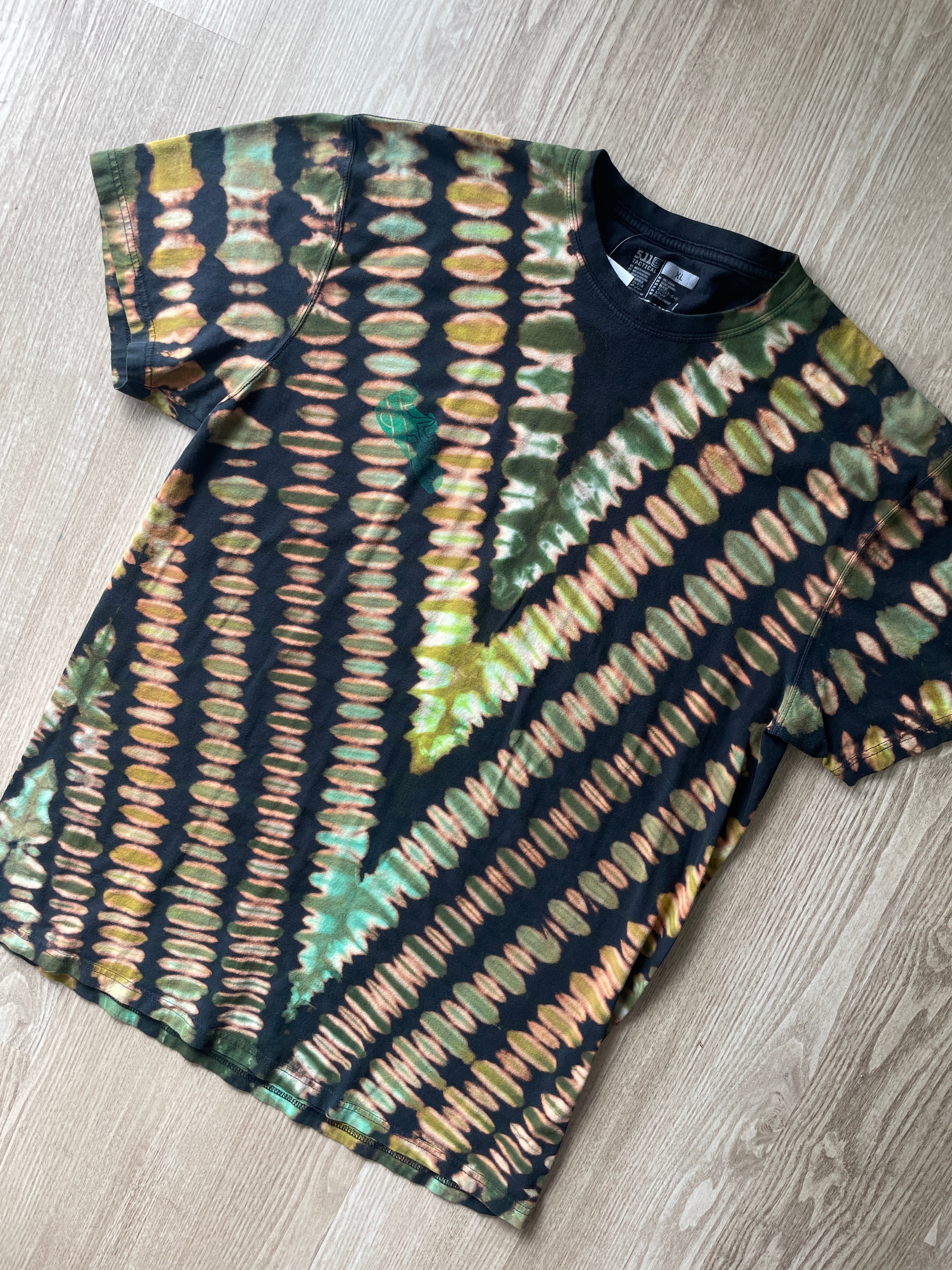 XL Men’s 5.11 Climbing Shoe Handmade Reversed Tie Dyed T-Shirt | One-Of-a-Kind Green and Black Short Sleeve
