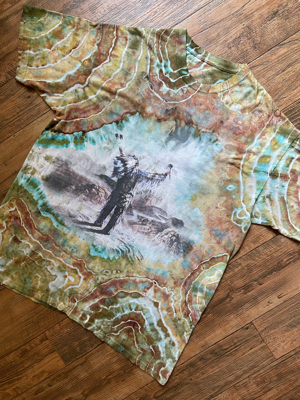 Native American Chief Sky Horses Earth Tones Geode Tie Dye Short Sleeve T-Shirt | Men's 2XL