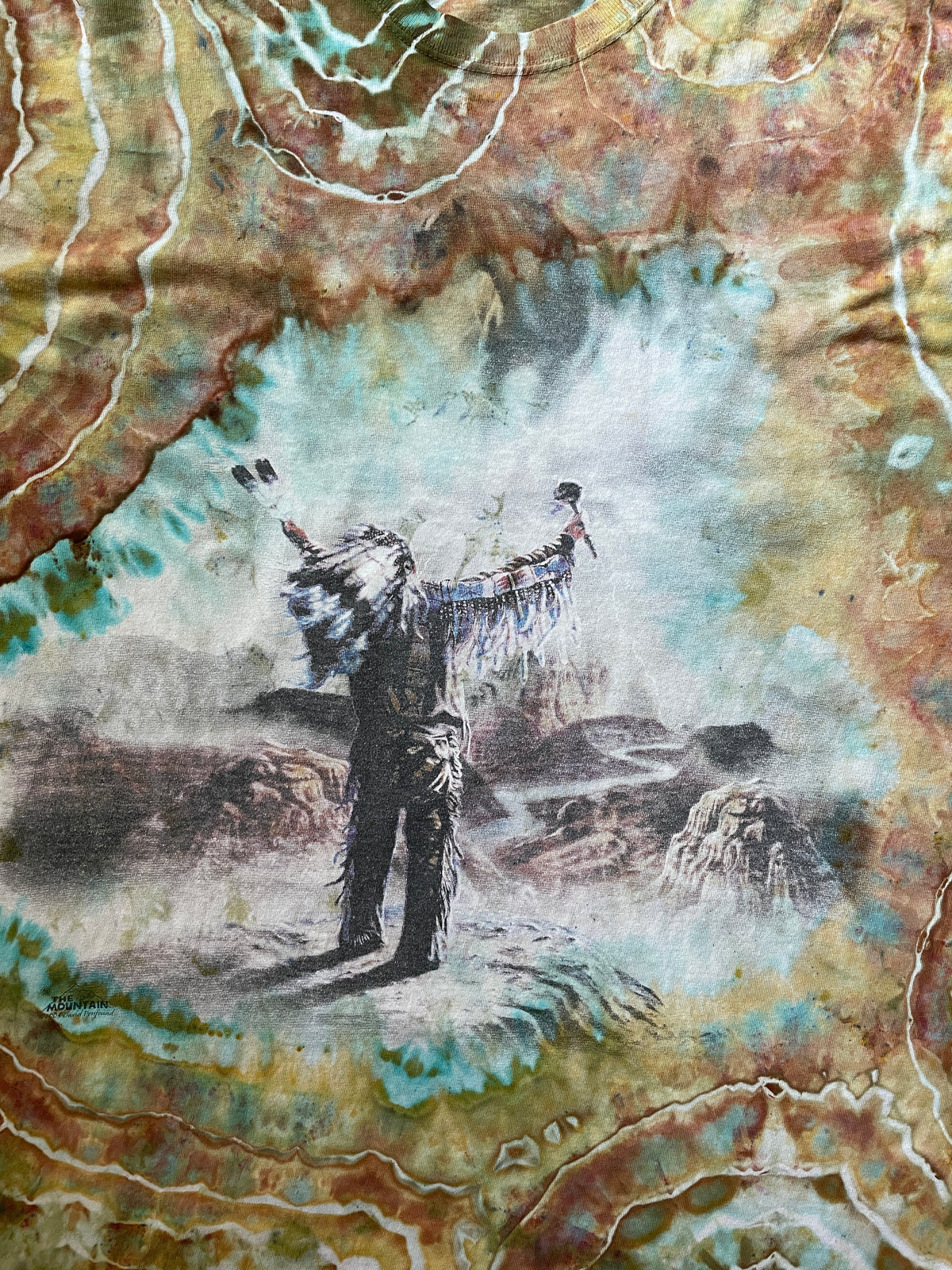 Native American Chief Sky Horses Earth Tones Geode Tie Dye Short Sleeve T-Shirt | Men's 2XL