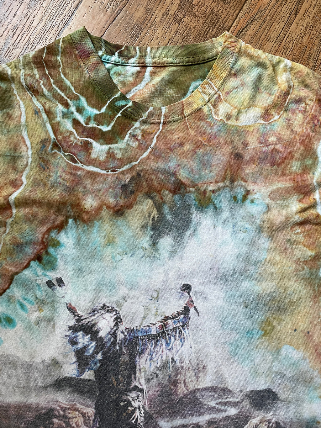 Native American Chief Sky Horses Earth Tones Geode Tie Dye Short Sleeve T-Shirt | Men's 2XL