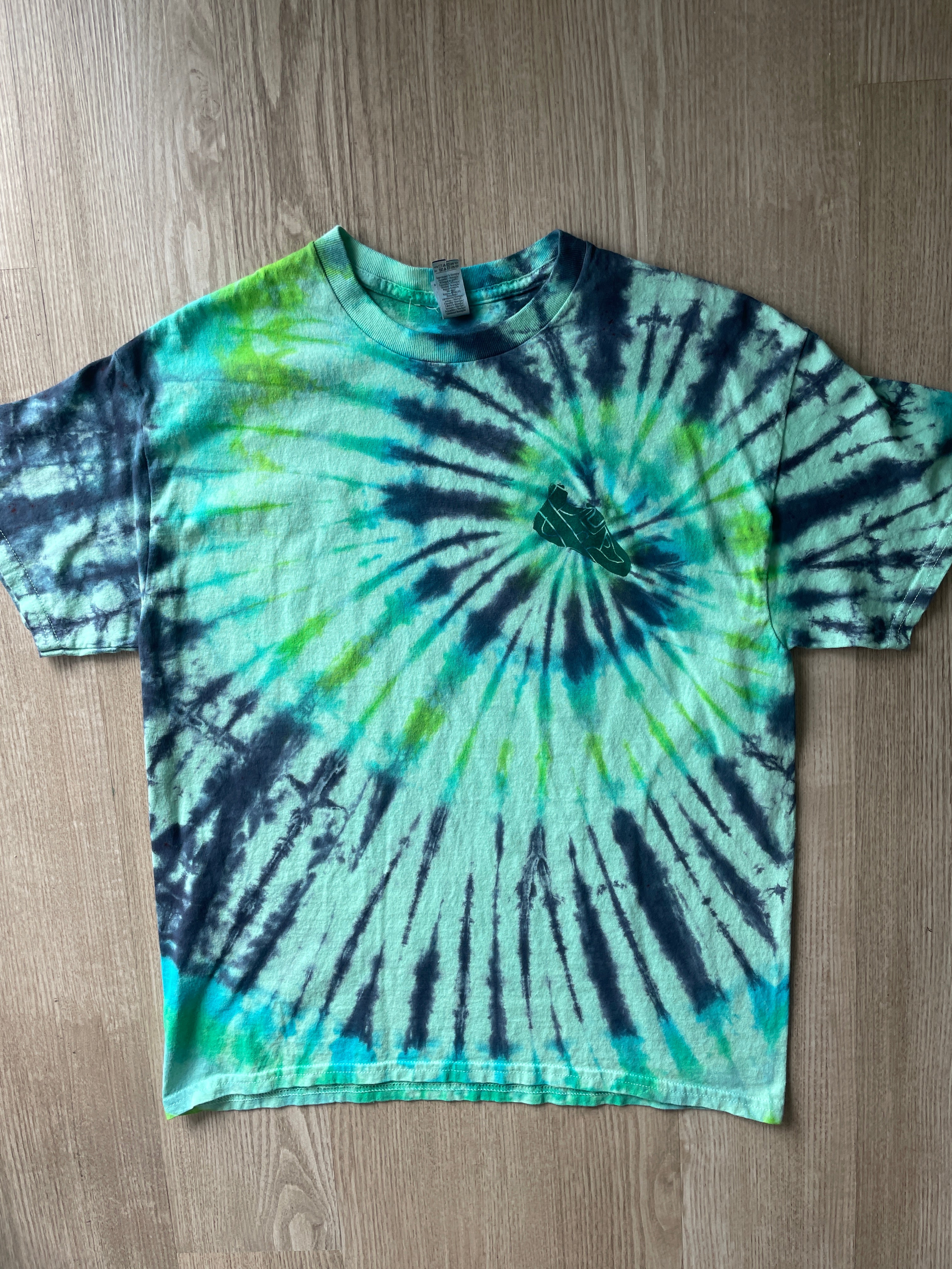LARGE Men’s Climbing Shoe Handmade Tie Dyed T-Shirt | One-Of-a-Kind Green and Blue Spiral Short Sleeve