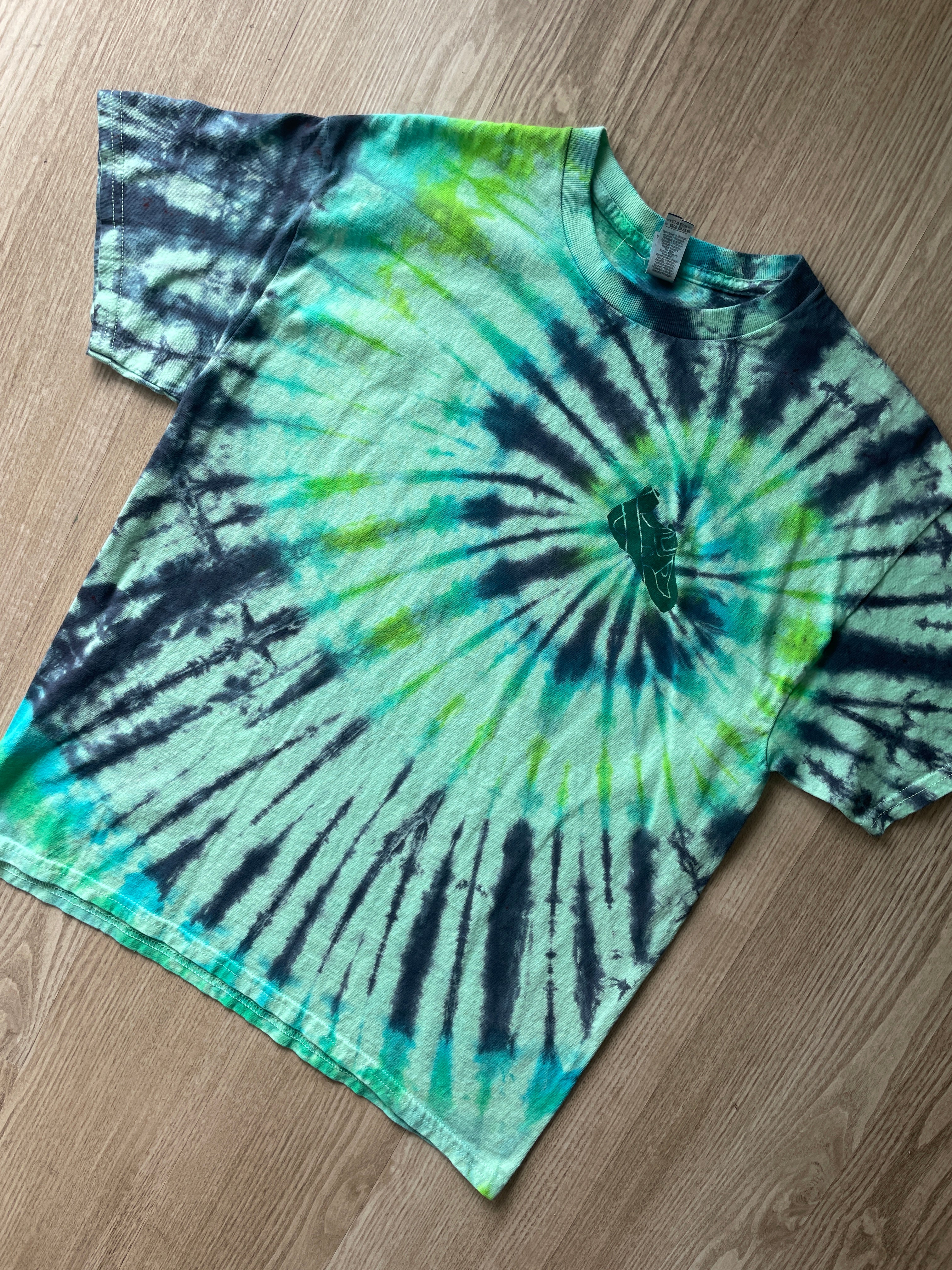 LARGE Men’s Climbing Shoe Handmade Tie Dyed T-Shirt | One-Of-a-Kind Green and Blue Spiral Short Sleeve