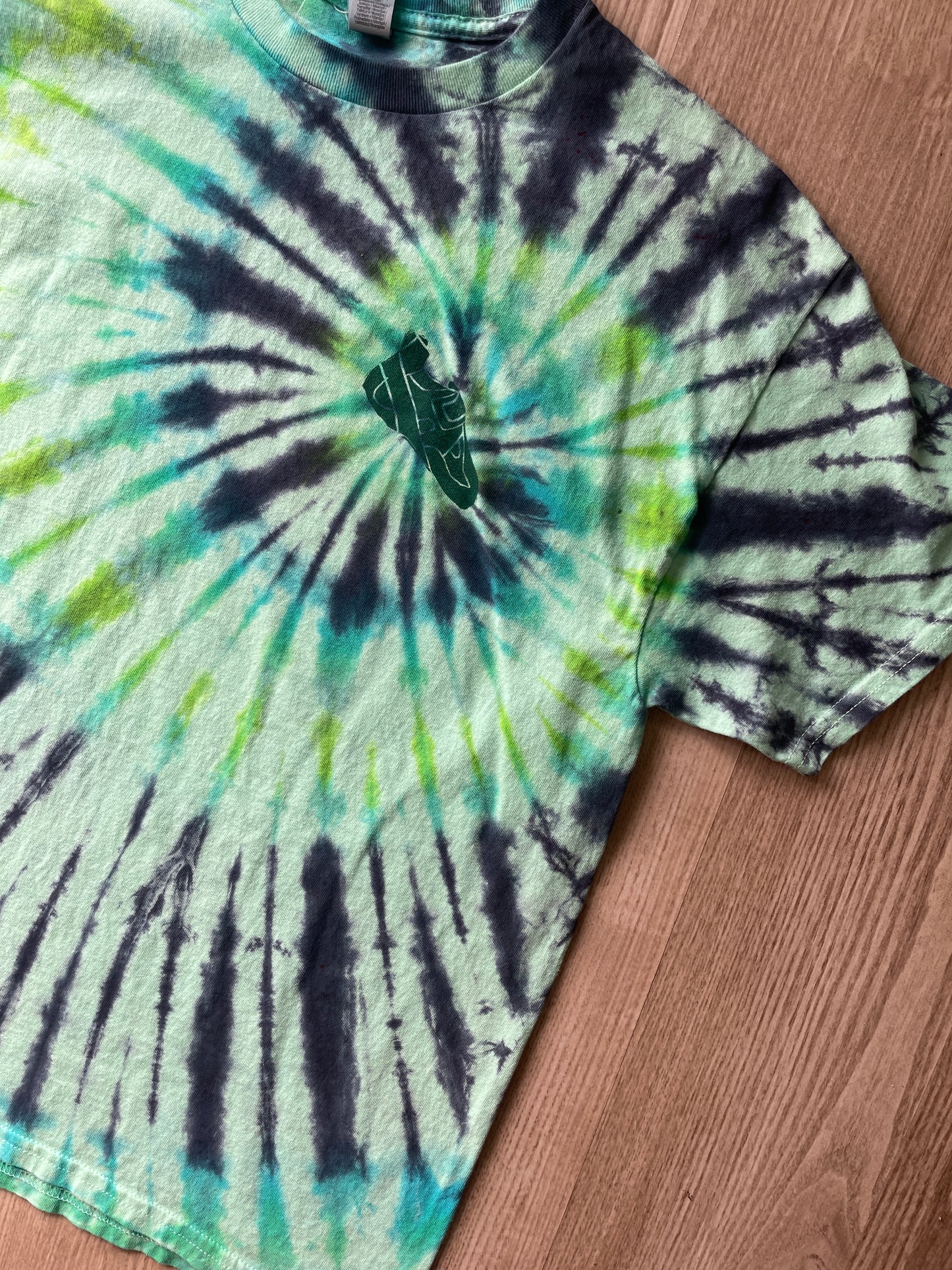 LARGE Men’s Climbing Shoe Handmade Tie Dyed T-Shirt | One-Of-a-Kind Green and Blue Spiral Short Sleeve