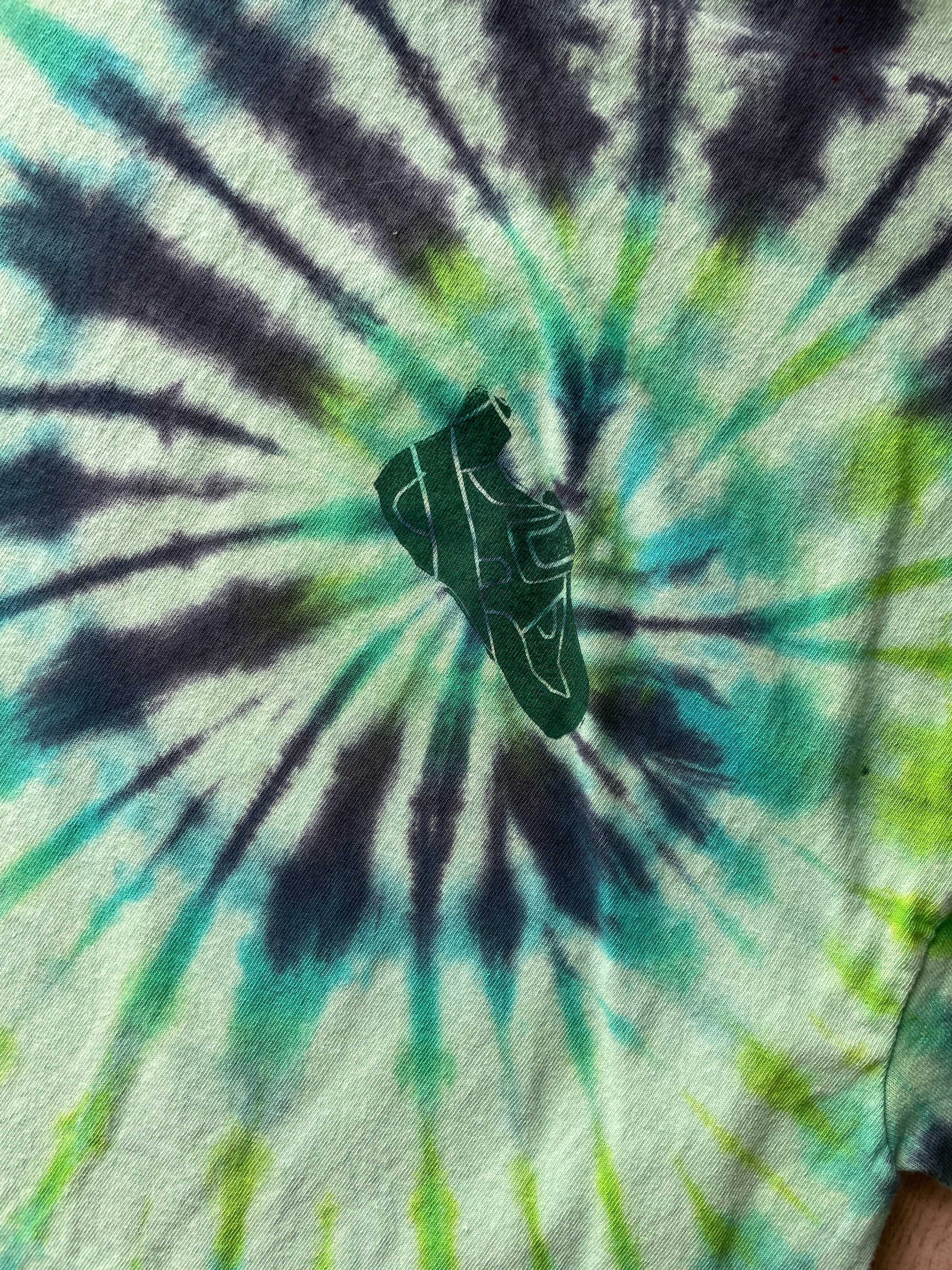LARGE Men’s Climbing Shoe Handmade Tie Dyed T-Shirt | One-Of-a-Kind Green and Blue Spiral Short Sleeve