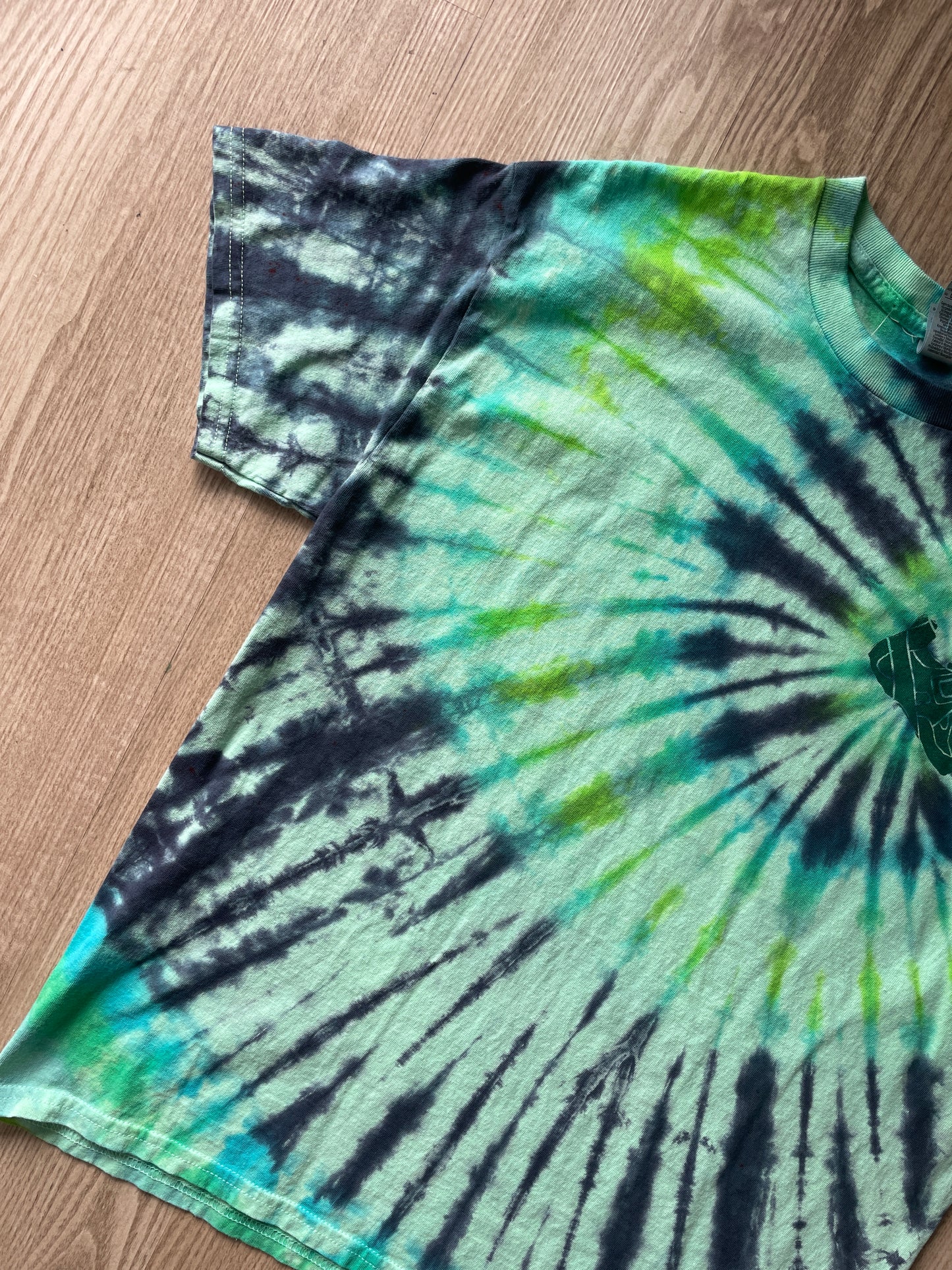 LARGE Men’s Climbing Shoe Handmade Tie Dyed T-Shirt | One-Of-a-Kind Green and Blue Spiral Short Sleeve
