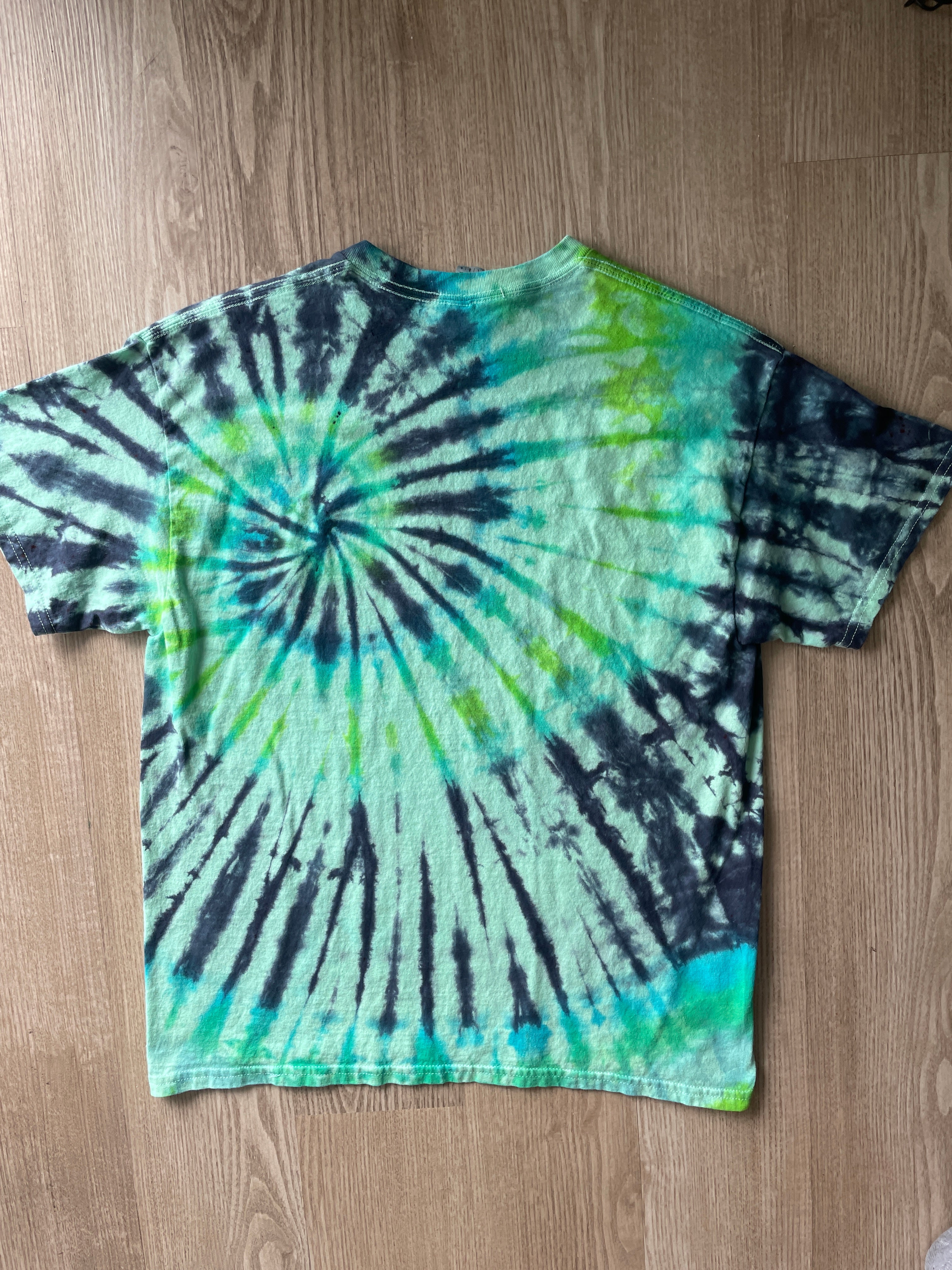 LARGE Men’s Climbing Shoe Handmade Tie Dyed T-Shirt | One-Of-a-Kind Green and Blue Spiral Short Sleeve