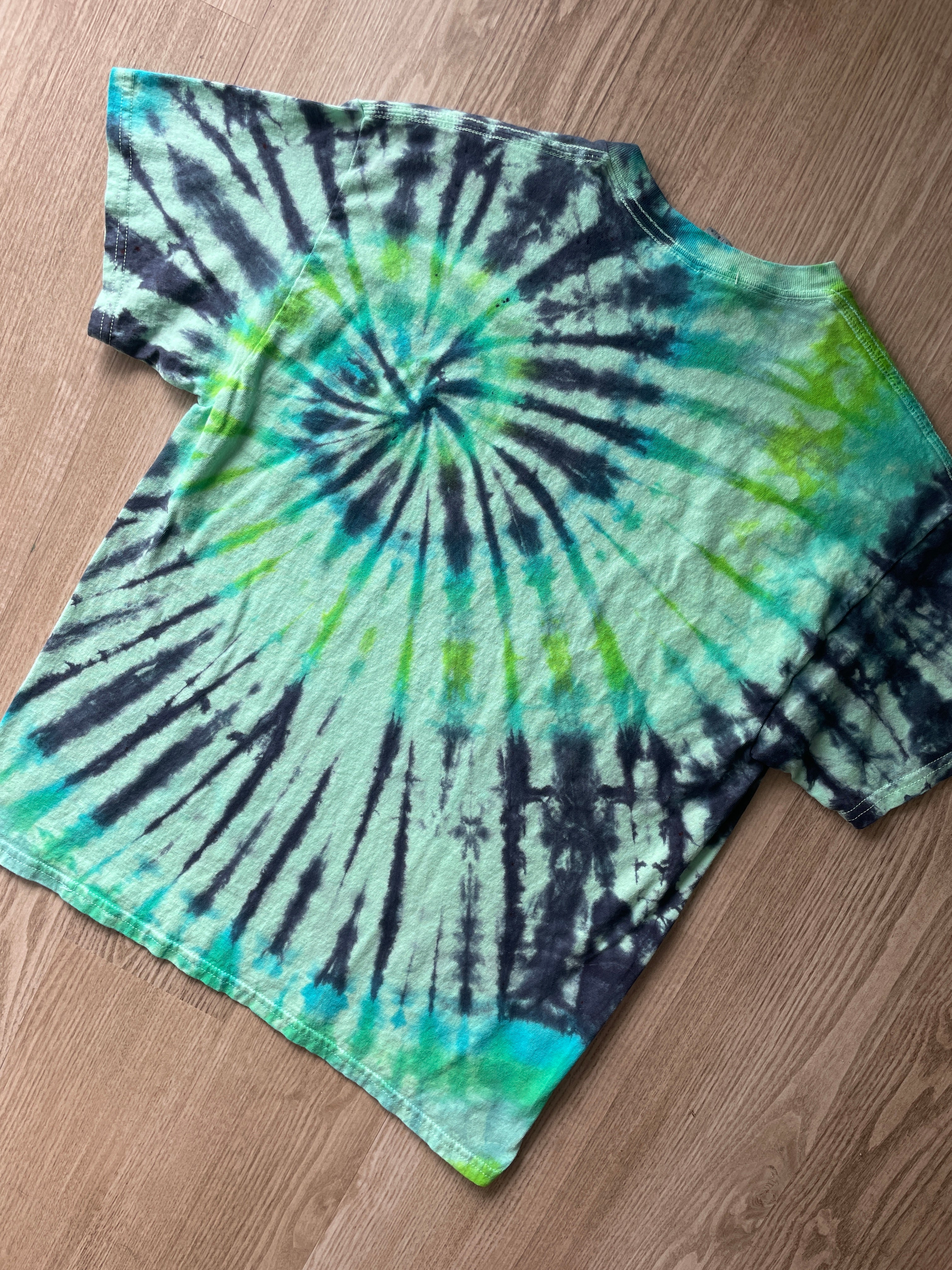 LARGE Men’s Climbing Shoe Handmade Tie Dyed T-Shirt | One-Of-a-Kind Green and Blue Spiral Short Sleeve