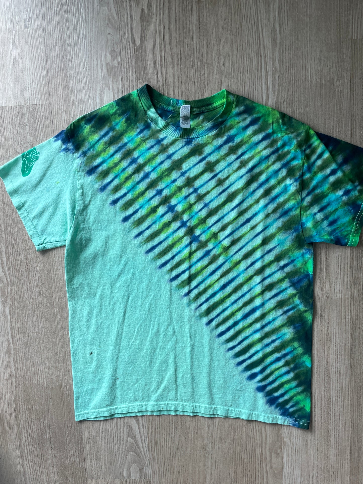 LARGE Men’s Climbing Shoe Handmade Tie Dyed T-Shirt | One-Of-a-Kind Green and Blue Pleated Short Sleeve