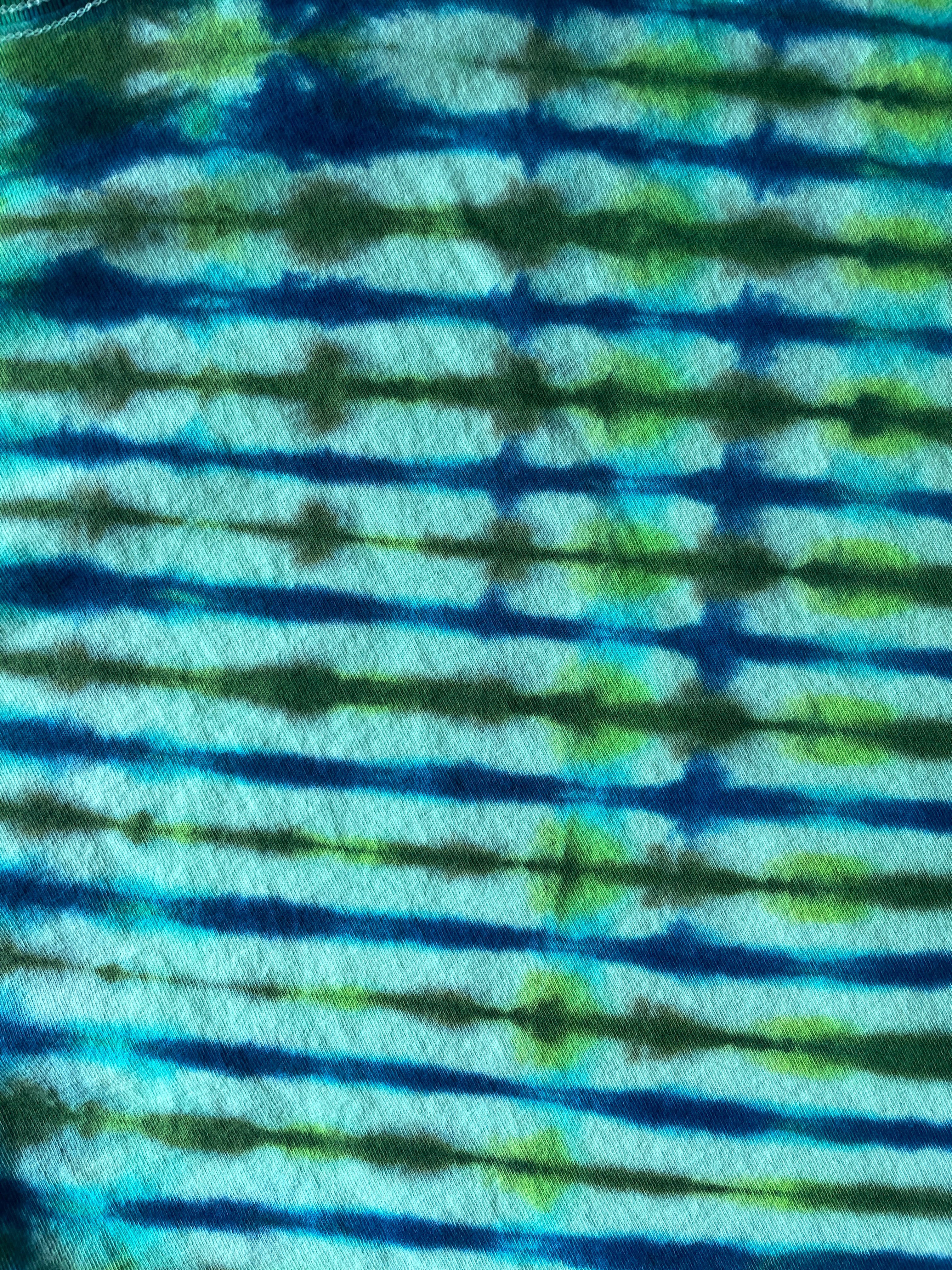 LARGE Men’s Climbing Shoe Handmade Tie Dyed T-Shirt | One-Of-a-Kind Green and Blue Pleated Short Sleeve