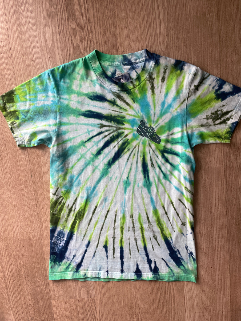 MEDIUM Men’s Climbing Shoe Handmade Tie Dyed T-Shirt | One-Of-a-Kind Green and Blue Spiral Short Sleeve