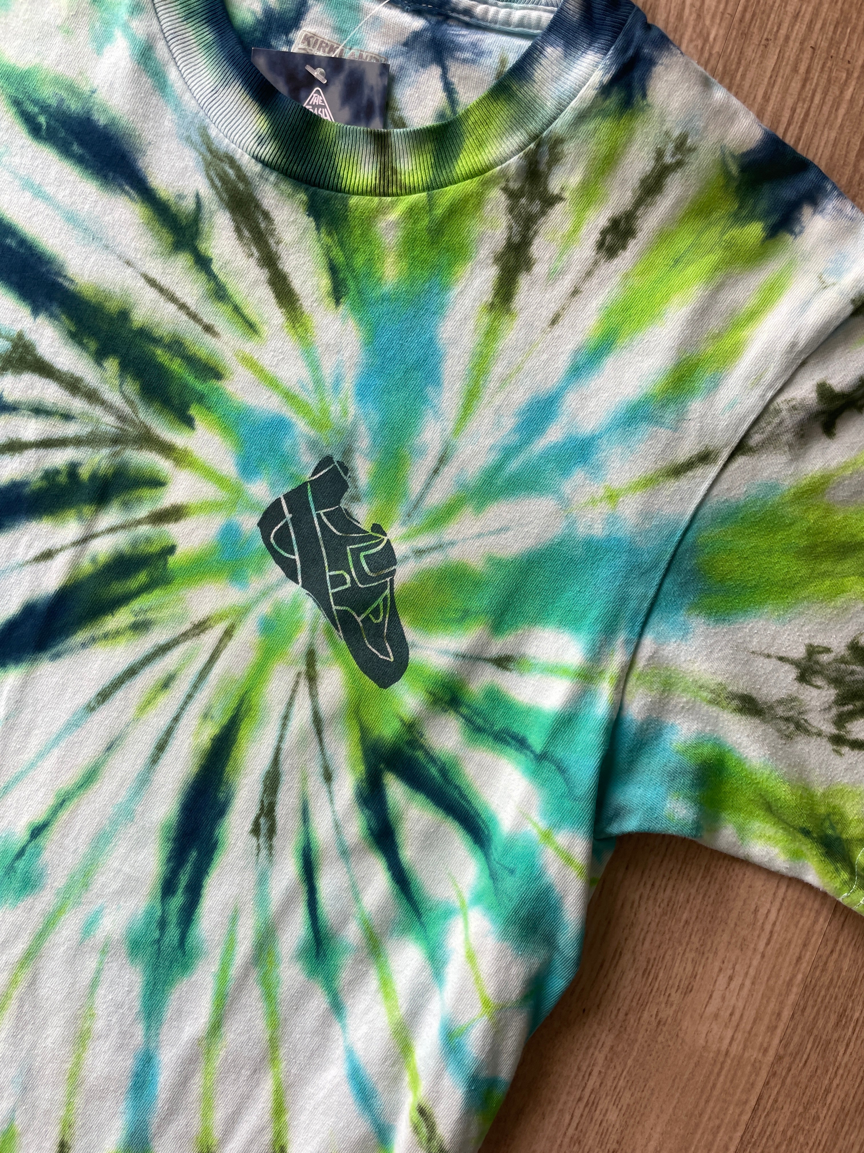 MEDIUM Men’s Climbing Shoe Handmade Tie Dyed T-Shirt | One-Of-a-Kind Green and Blue Spiral Short Sleeve
