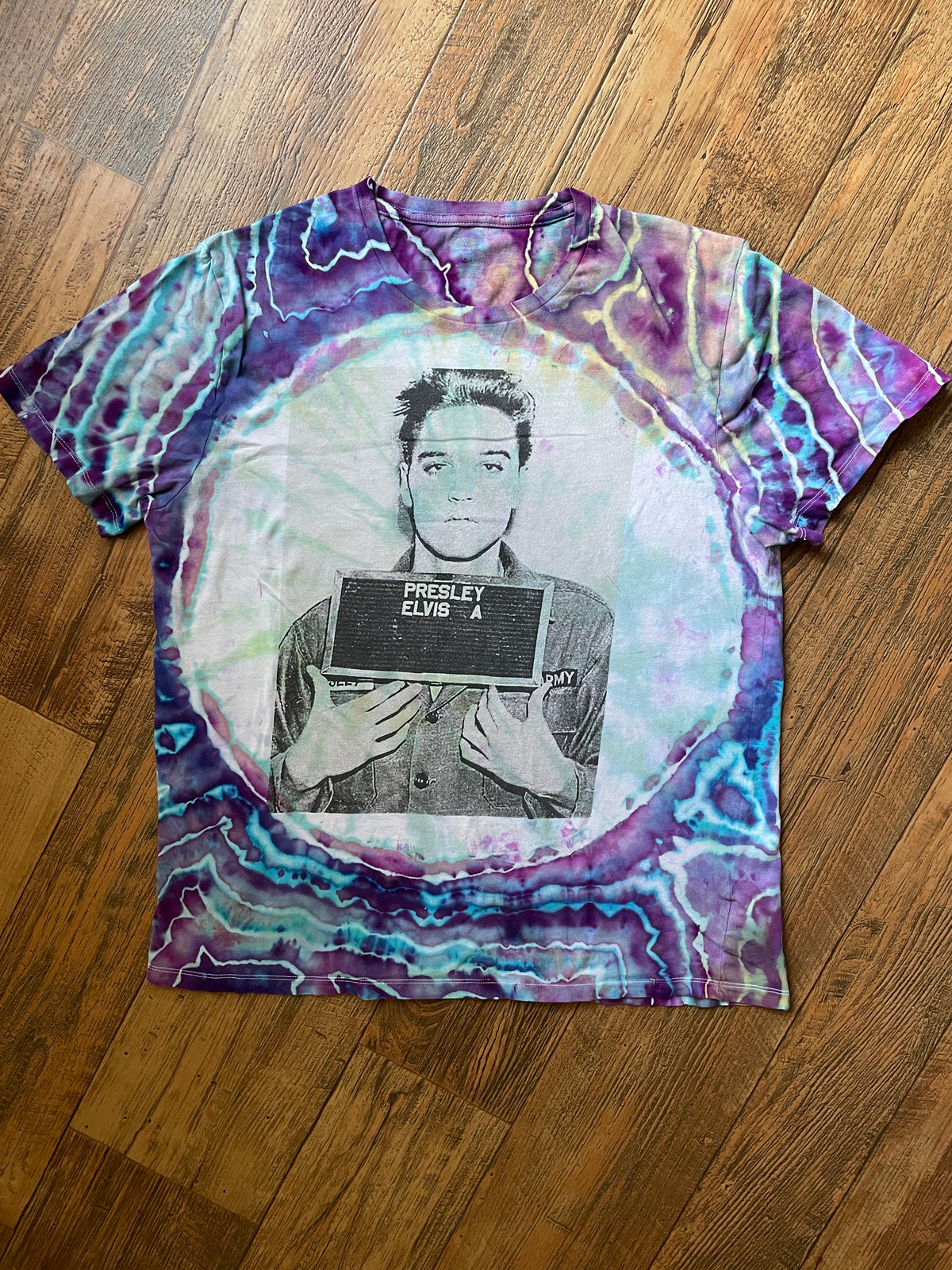 Elvis Presley Mugshot Pink and Blue Geode Tie Dye Short Sleeve T-Shirt | Men's M/L