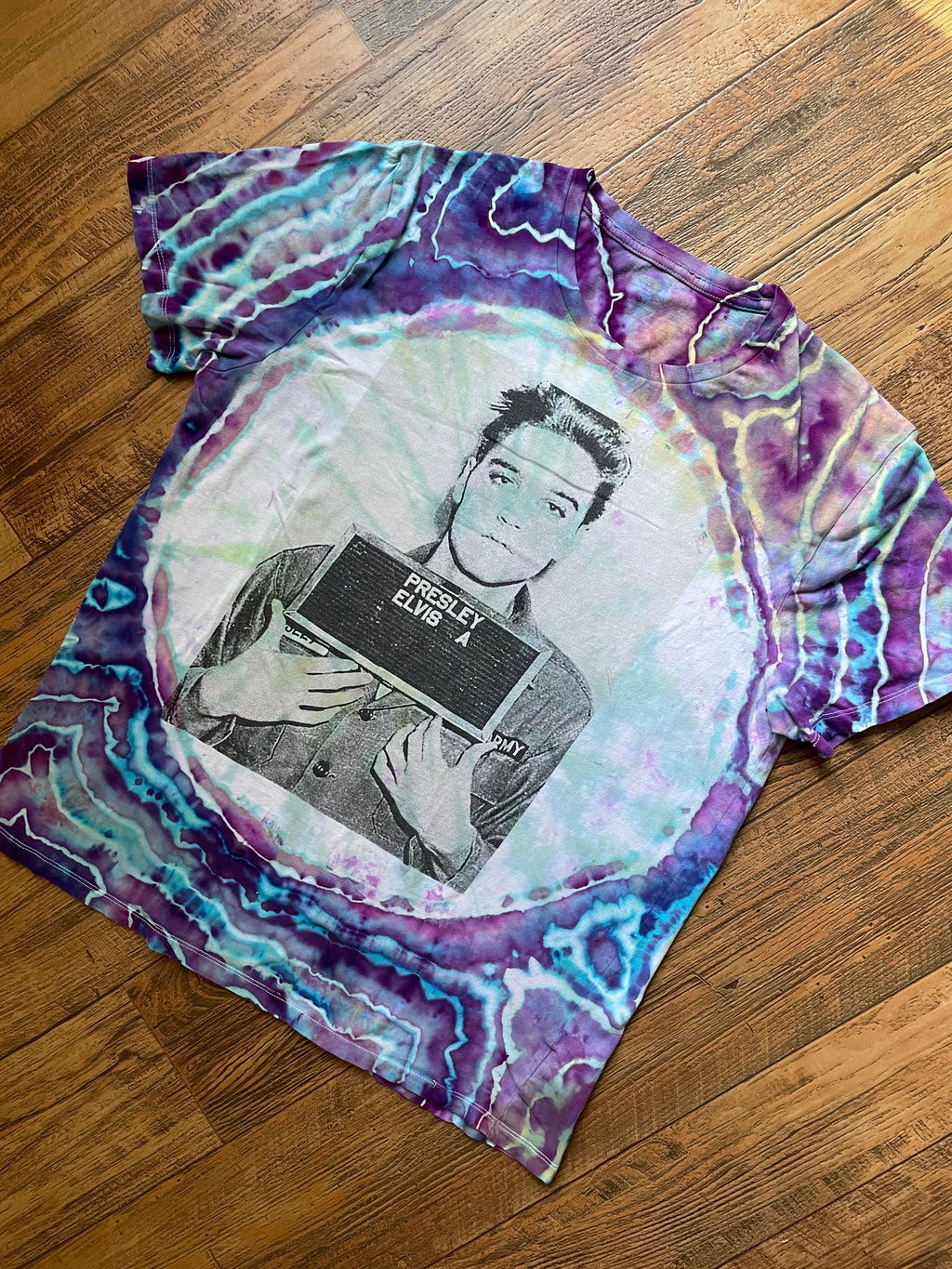 Elvis Presley Mugshot Pink and Blue Geode Tie Dye Short Sleeve T-Shirt | Men's M/L