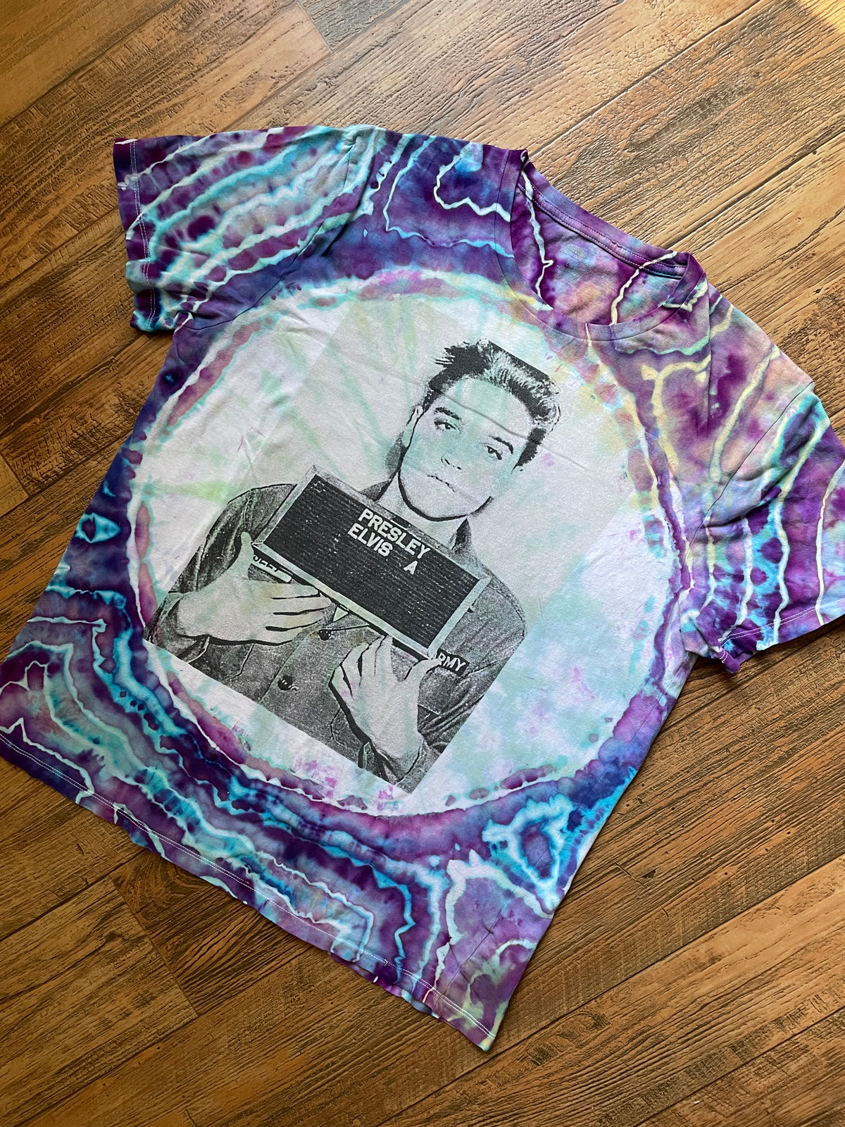 Elvis Presley Mugshot Pink and Blue Geode Tie Dye Short Sleeve T-Shirt | Men's M/L