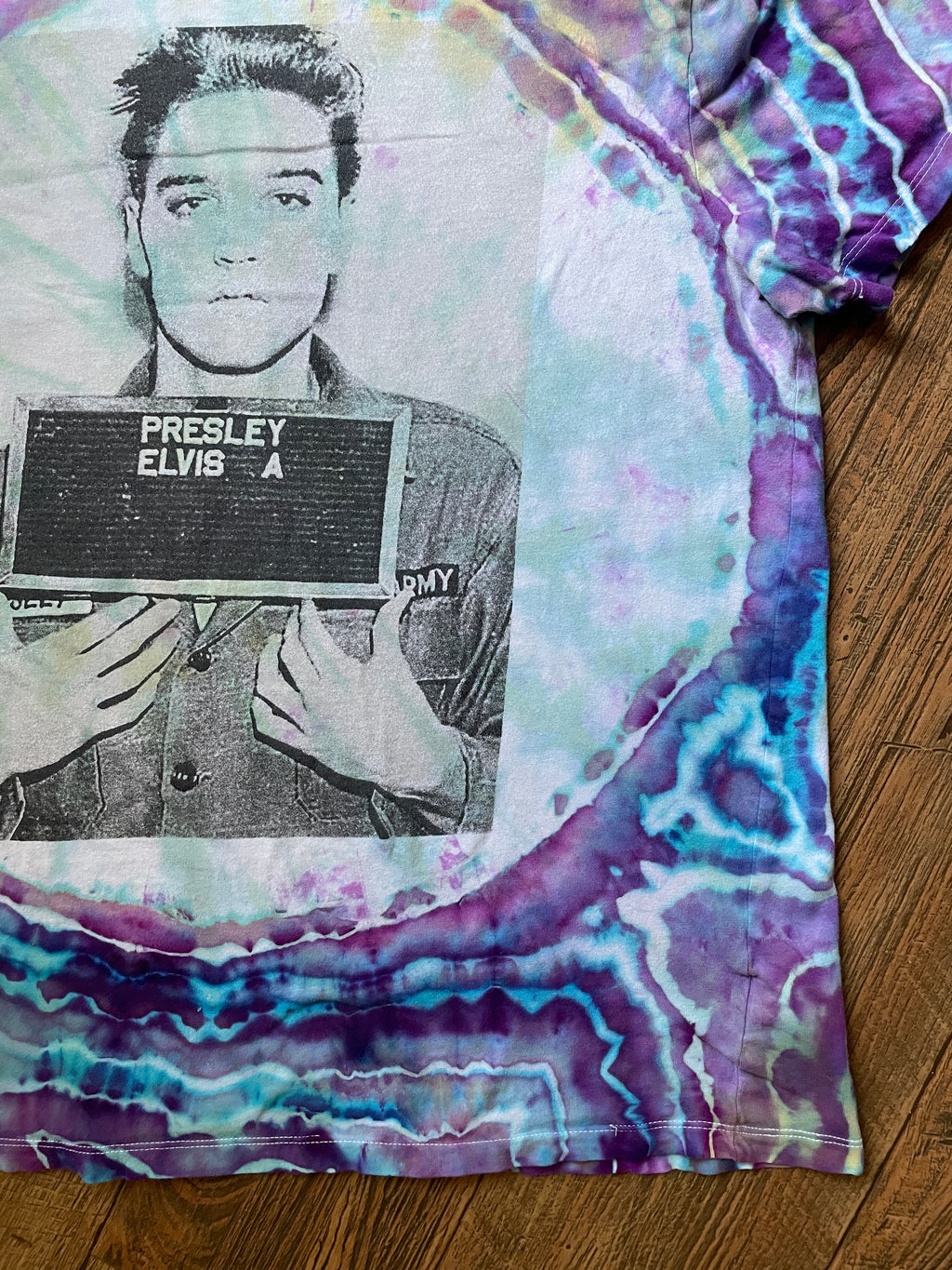 Elvis Presley Mugshot Pink and Blue Geode Tie Dye Short Sleeve T-Shirt | Men's M/L