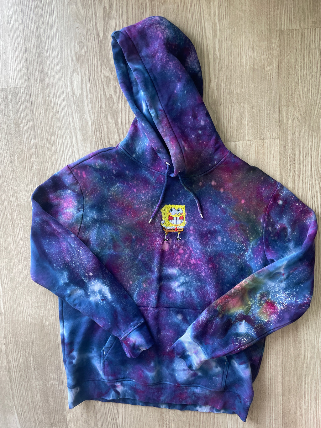 LARGE Men’s SpongeBob Squarepants Galaxy Tie Dye Sweatshirt | One-Of-a-Kind Purple and Blue Ice Dye Long Sleeve