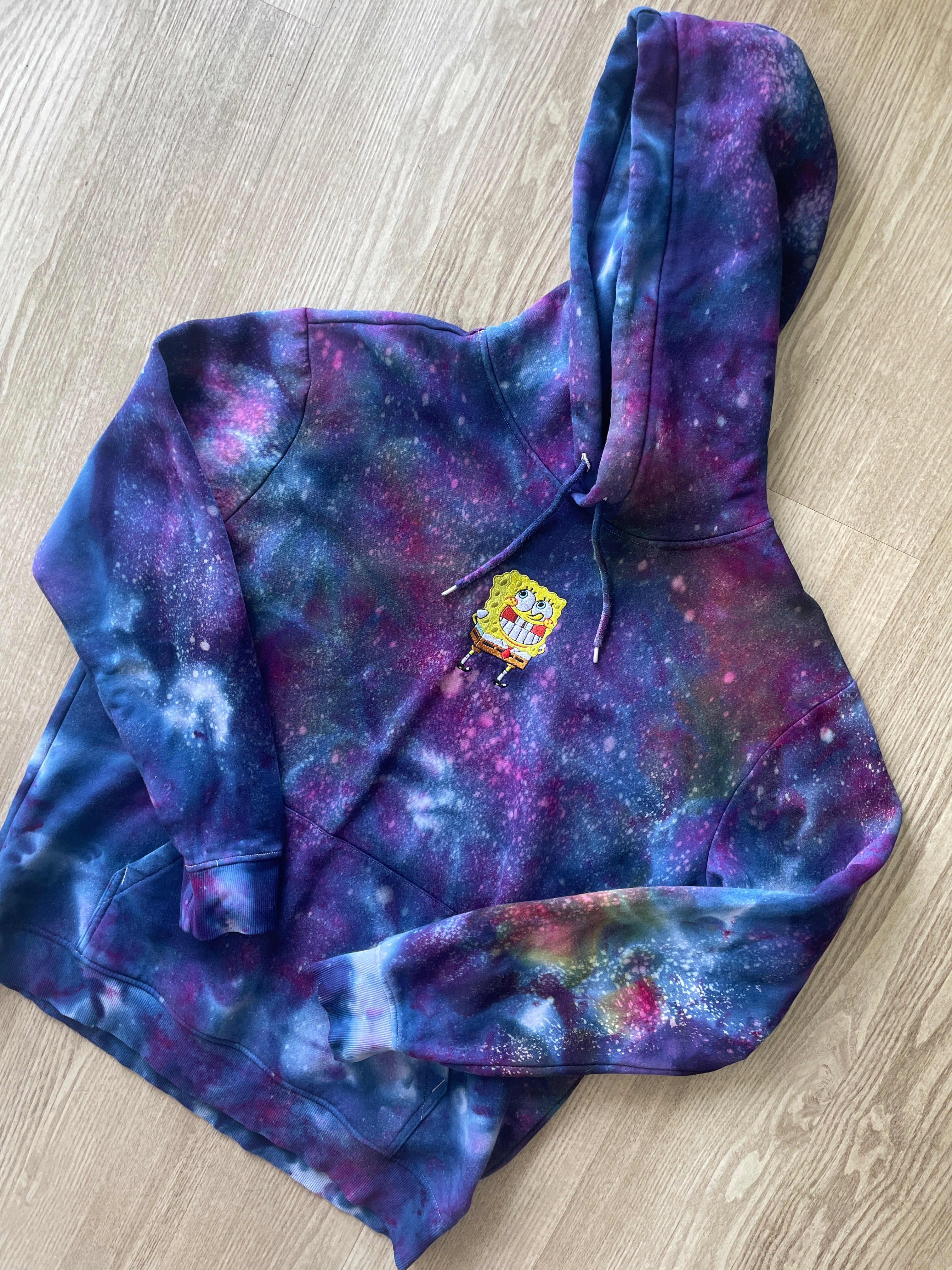LARGE Men’s SpongeBob Squarepants Galaxy Tie Dye Sweatshirt | One-Of-a-Kind Purple and Blue Ice Dye Long Sleeve