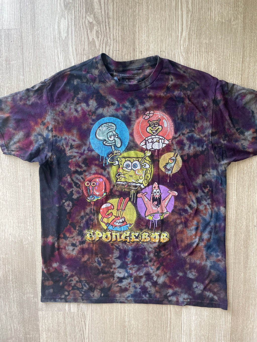 XL Men’s SpongeBob Squarepants Airbrushed Reverse Tie Dye T-Shirt | One-Of-a-Kind Black, Purple, and Blue Crumpled Short Sleeve