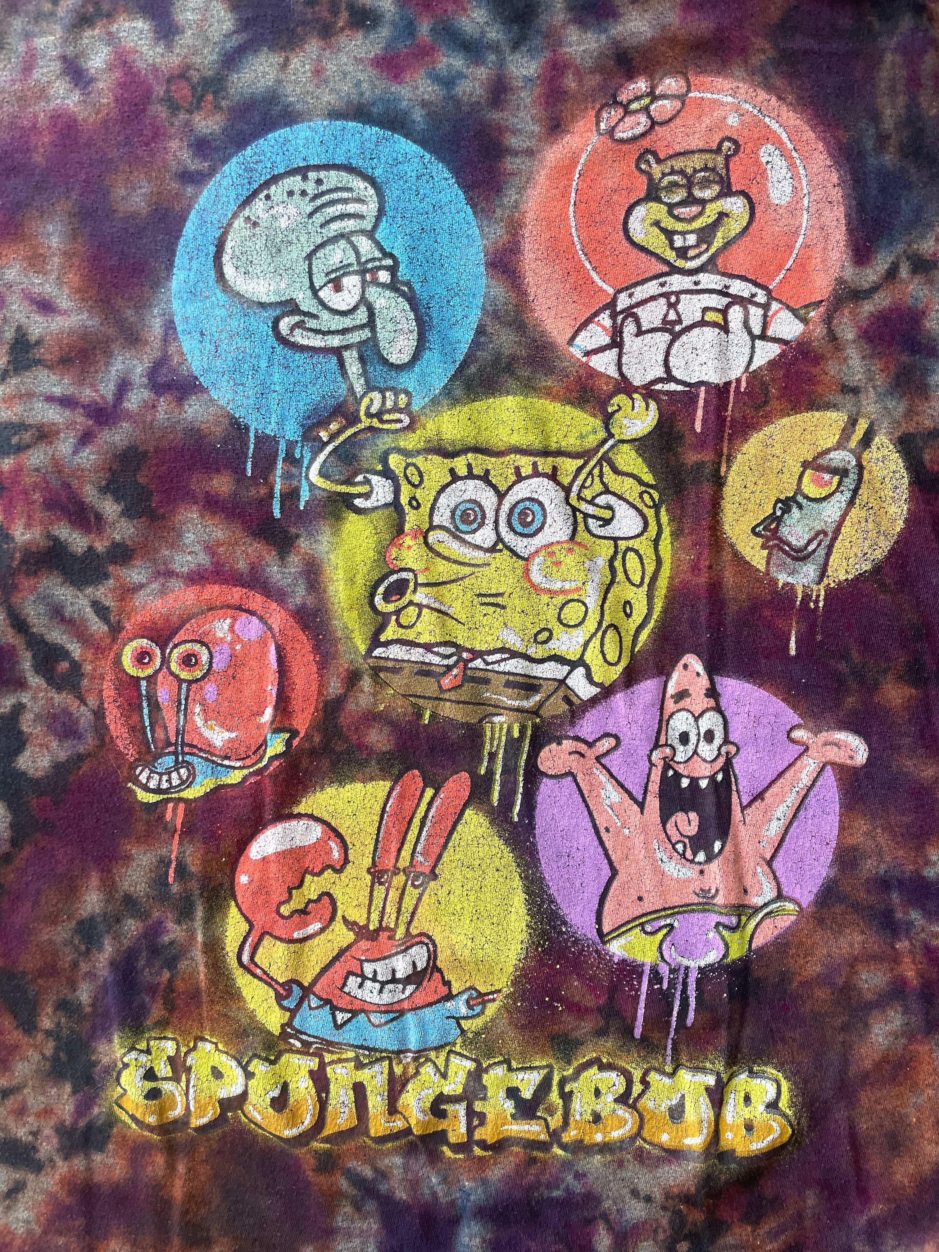 XL Men’s SpongeBob Squarepants Airbrushed Reverse Tie Dye T-Shirt | One-Of-a-Kind Black, Purple, and Blue Crumpled Short Sleeve