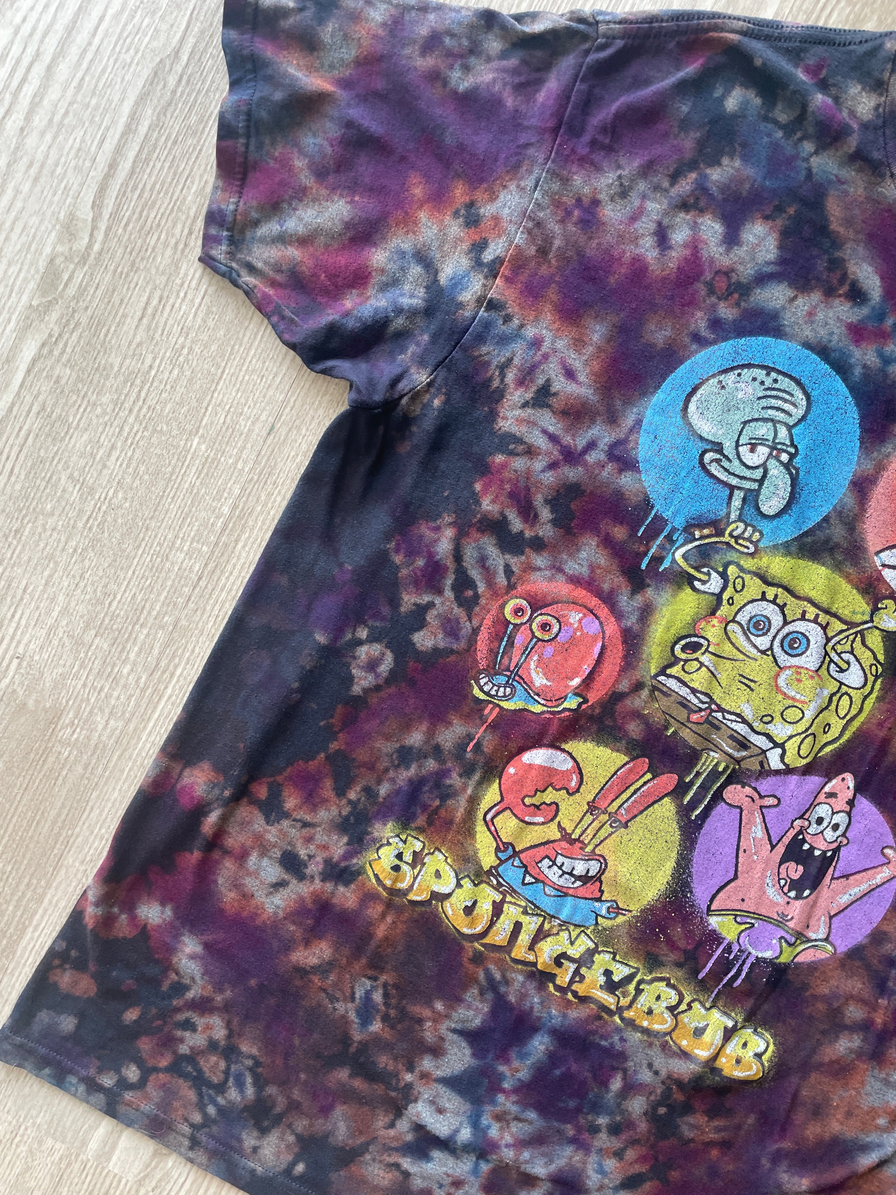XL Men’s SpongeBob Squarepants Airbrushed Reverse Tie Dye T-Shirt | One-Of-a-Kind Black, Purple, and Blue Crumpled Short Sleeve