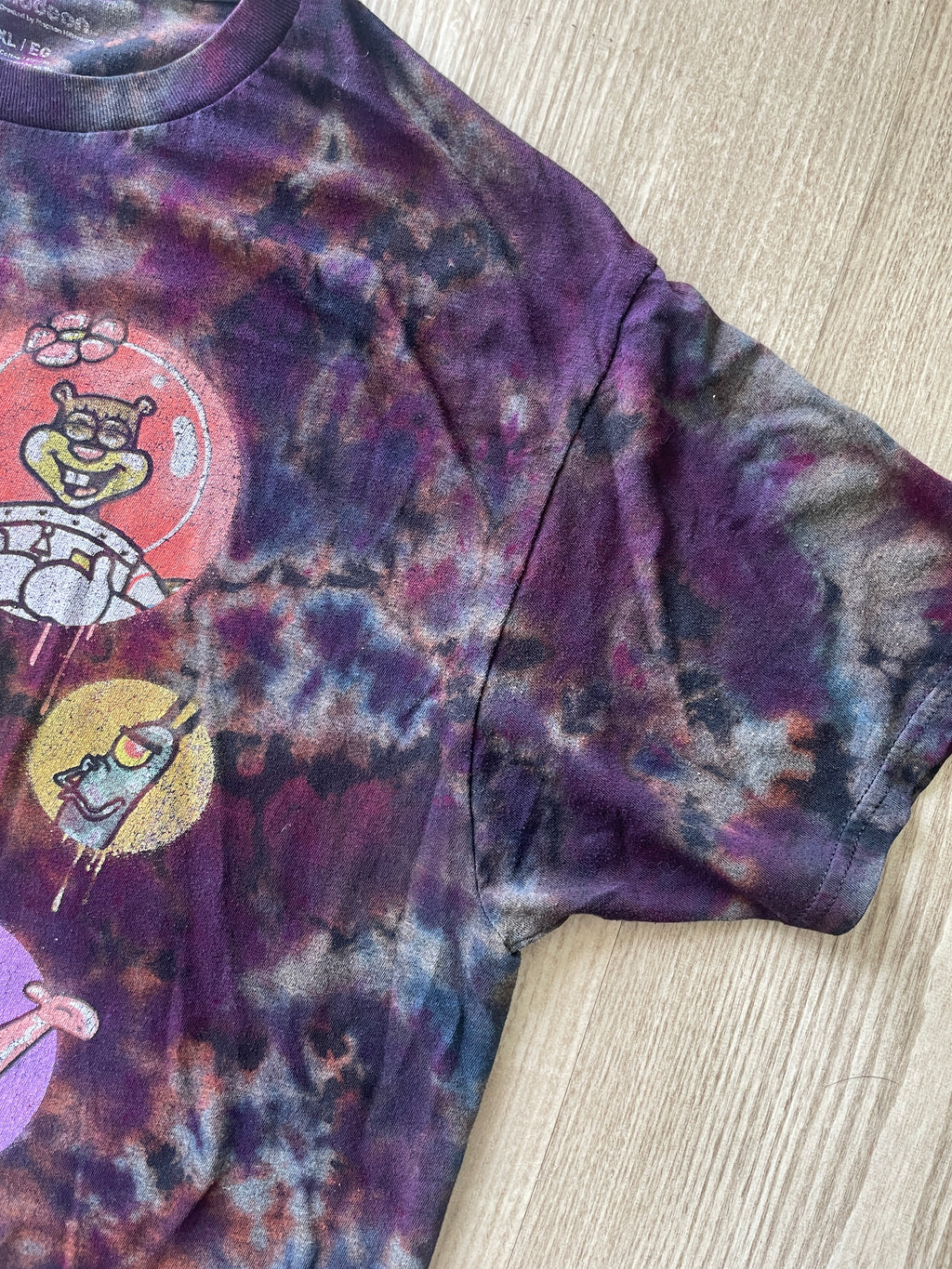 XL Men’s SpongeBob Squarepants Airbrushed Reverse Tie Dye T-Shirt | One-Of-a-Kind Black, Purple, and Blue Crumpled Short Sleeve