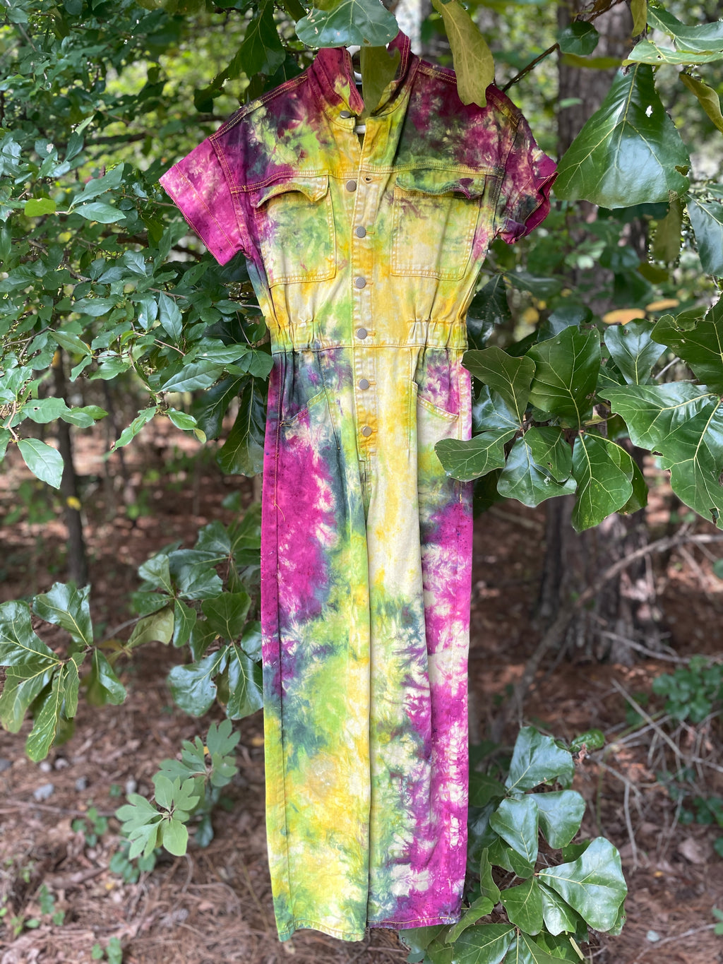 SMALL Women's Handmade Tie Dye Jumpsuit (WITH POCKETS) | One-of-a-Kind Yellow and Green Denim Coveralls