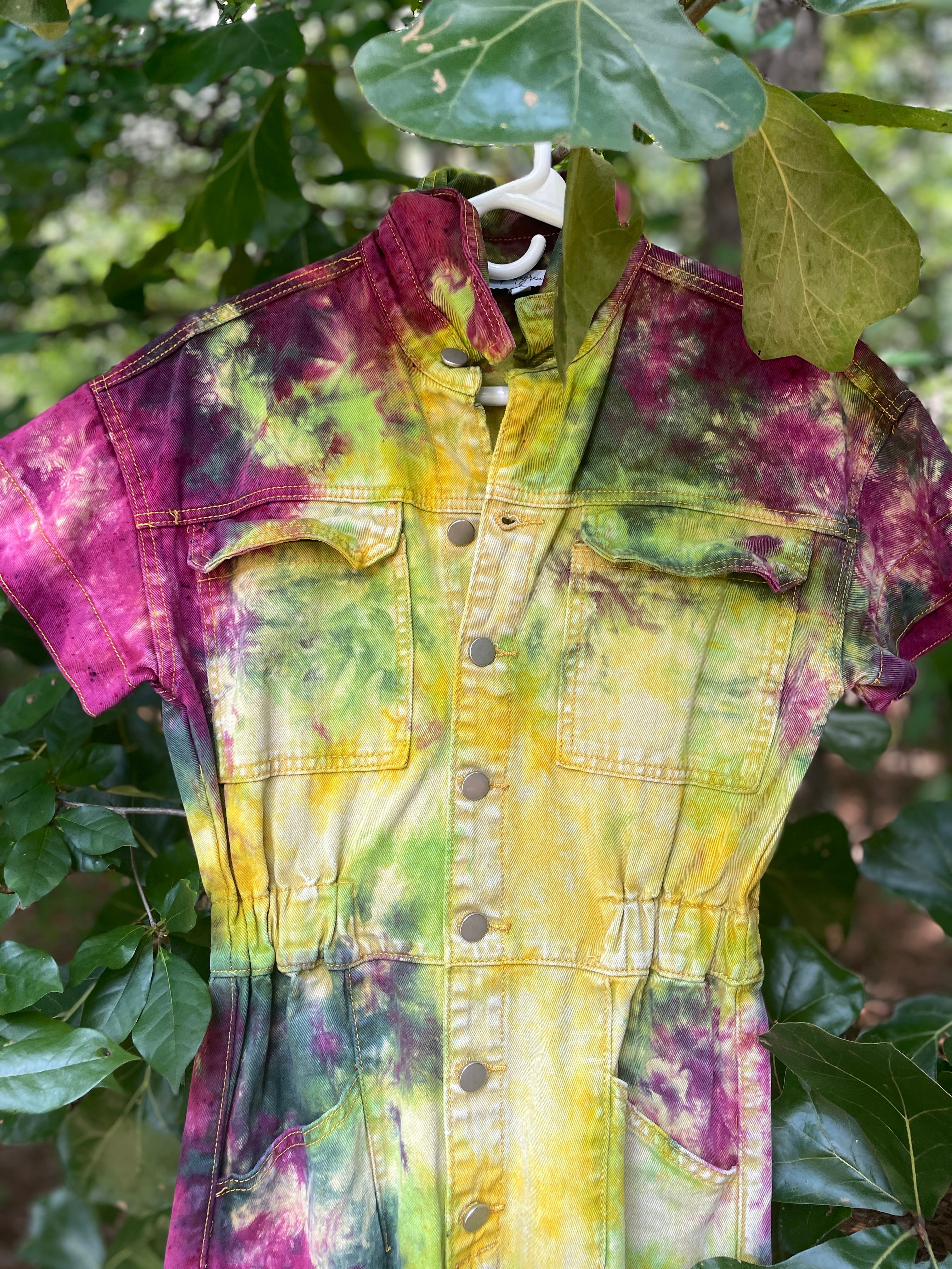 SMALL Women's Handmade Tie Dye Jumpsuit (WITH POCKETS) | One-of-a-Kind Yellow and Green Denim Coveralls