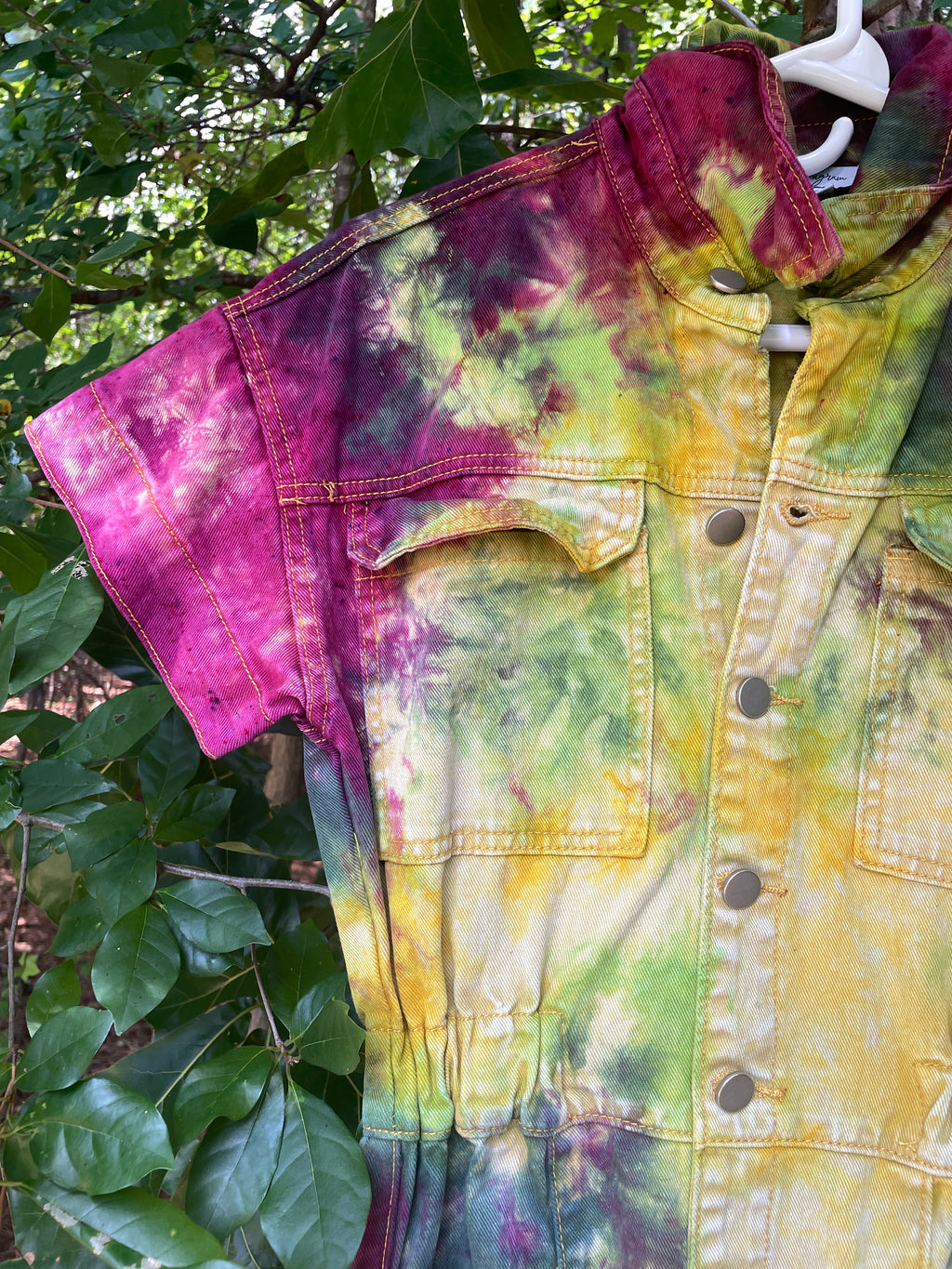 SMALL Women's Handmade Tie Dye Jumpsuit (WITH POCKETS) | One-of-a-Kind Yellow and Green Denim Coveralls