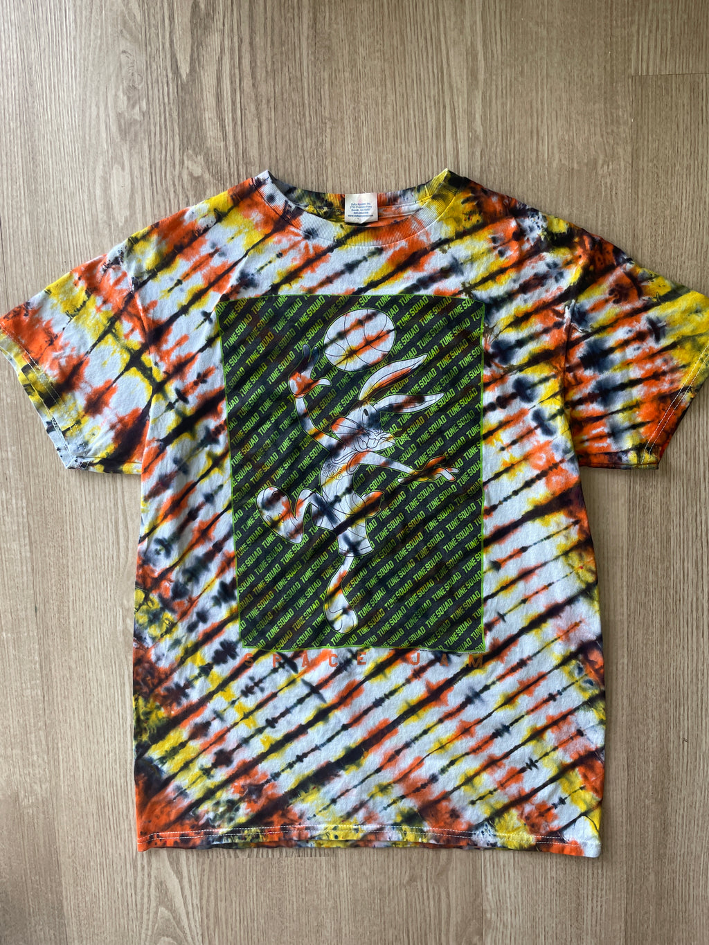 SMALL Men’s Bugs Bunny Toon Squad Tie Dye T-Shirt | One-Of-a-Kind Orange, Yellow, and Black Crumpled Short Sleeve