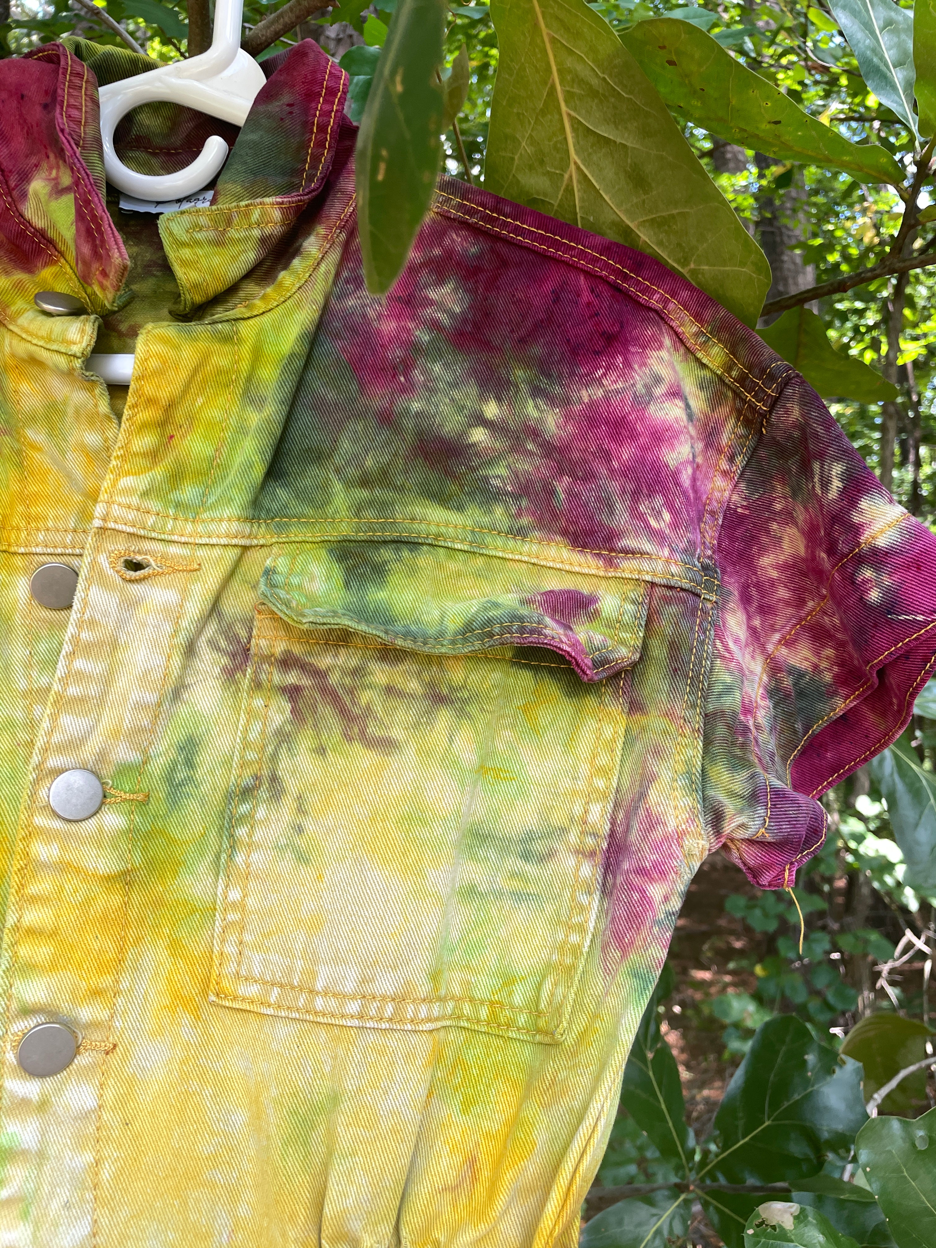SMALL Women's Handmade Tie Dye Jumpsuit (WITH POCKETS) | One-of-a-Kind Yellow and Green Denim Coveralls