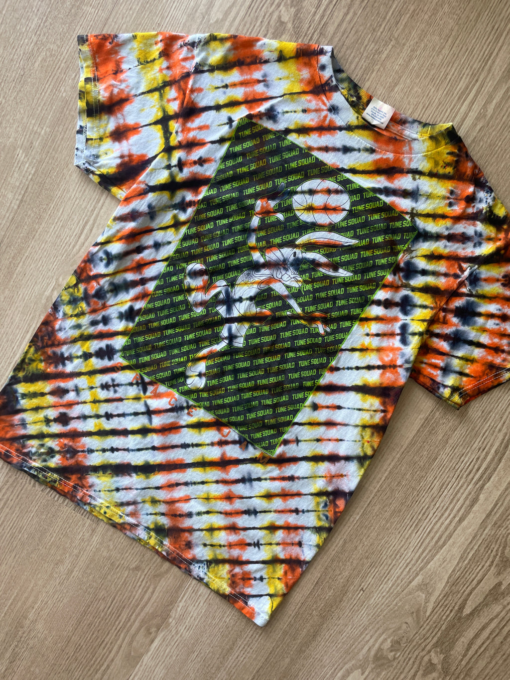 SMALL Men’s Bugs Bunny Toon Squad Tie Dye T-Shirt | One-Of-a-Kind Orange, Yellow, and Black Crumpled Short Sleeve