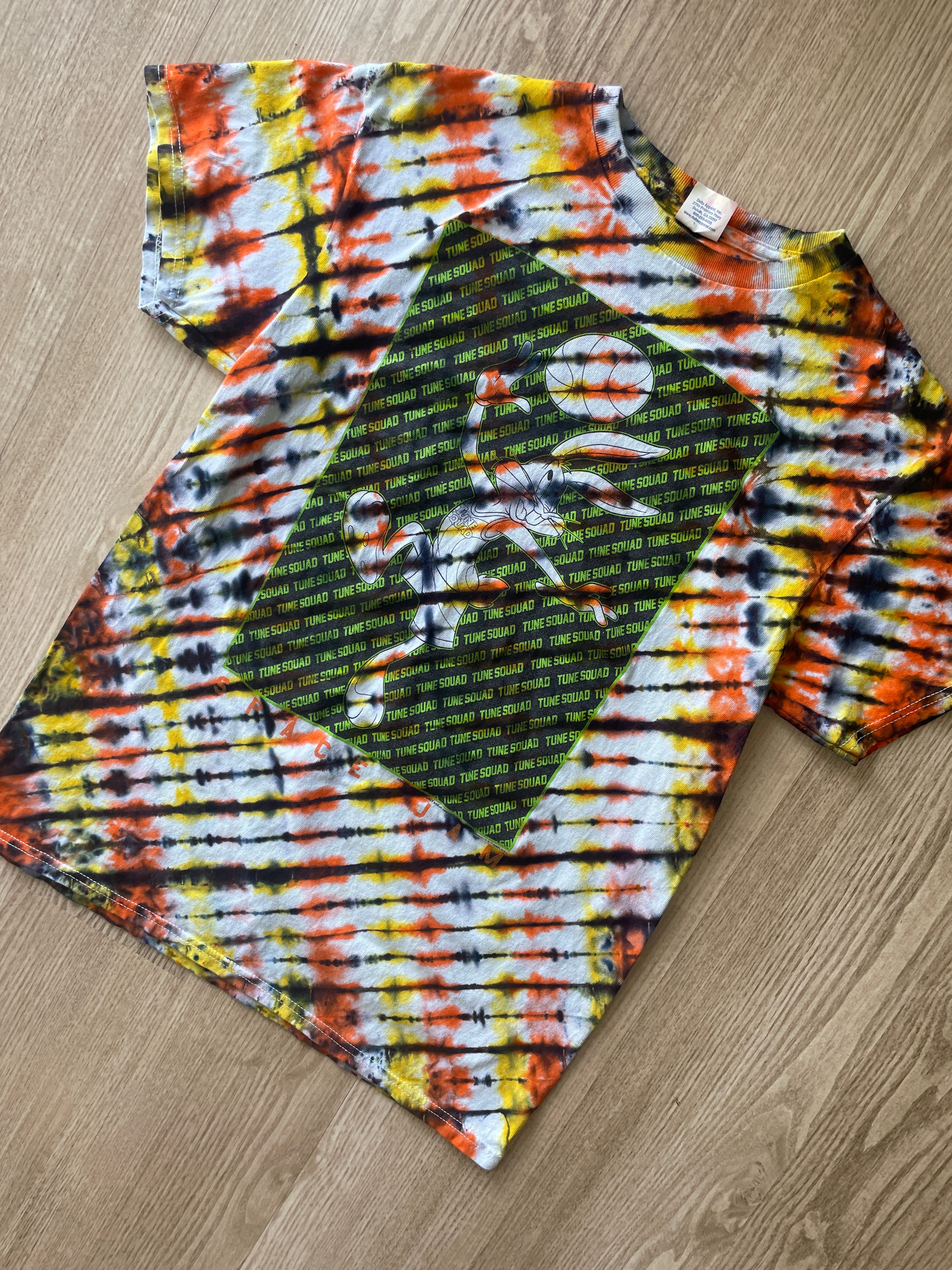 SMALL Men’s Bugs Bunny Toon Squad Tie Dye T-Shirt | One-Of-a-Kind Orange, Yellow, and Black Crumpled Short Sleeve