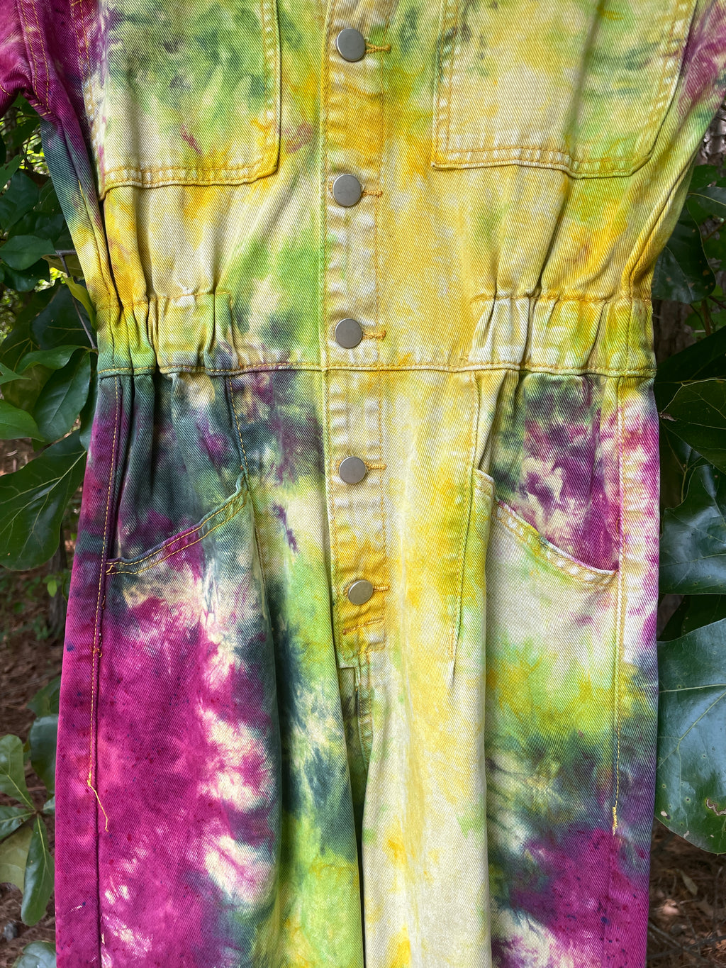 SMALL Women's Handmade Tie Dye Jumpsuit (WITH POCKETS) | One-of-a-Kind Yellow and Green Denim Coveralls