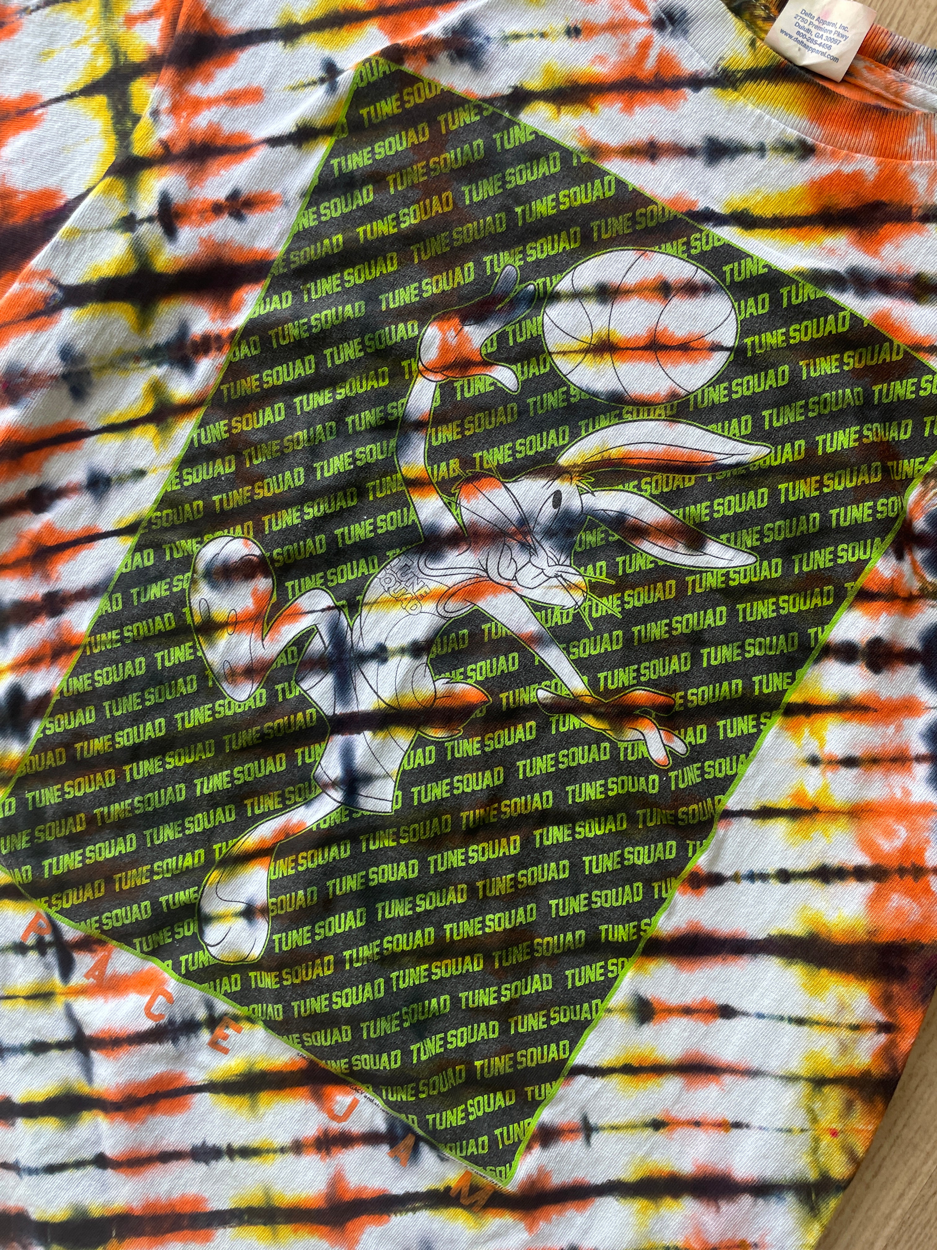 SMALL Men’s Bugs Bunny Toon Squad Tie Dye T-Shirt | One-Of-a-Kind Orange, Yellow, and Black Crumpled Short Sleeve