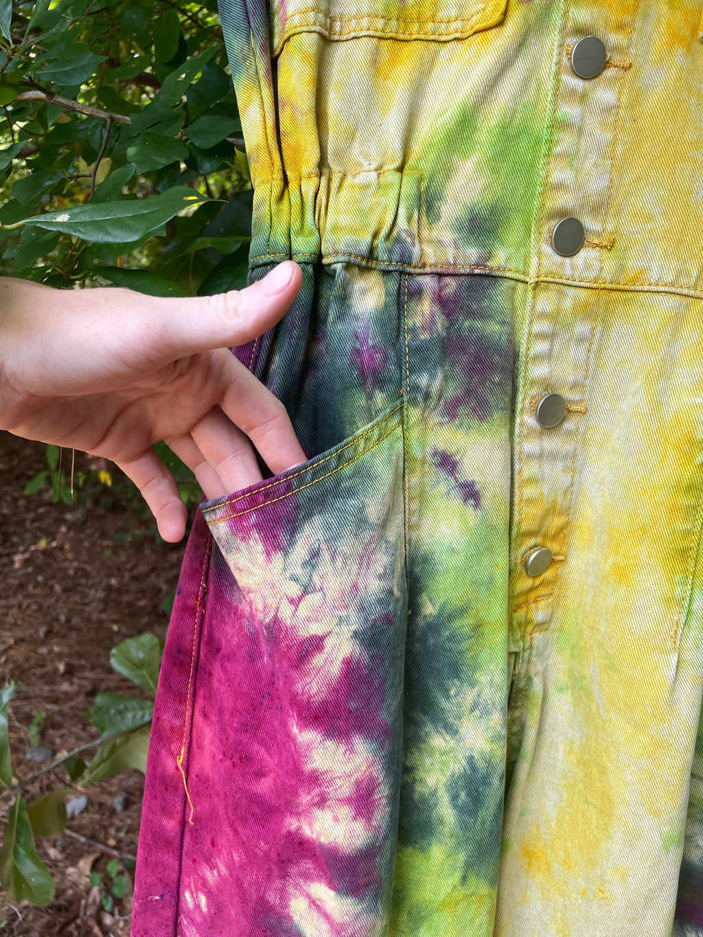 SMALL Women's Handmade Tie Dye Jumpsuit (WITH POCKETS) | One-of-a-Kind Yellow and Green Denim Coveralls