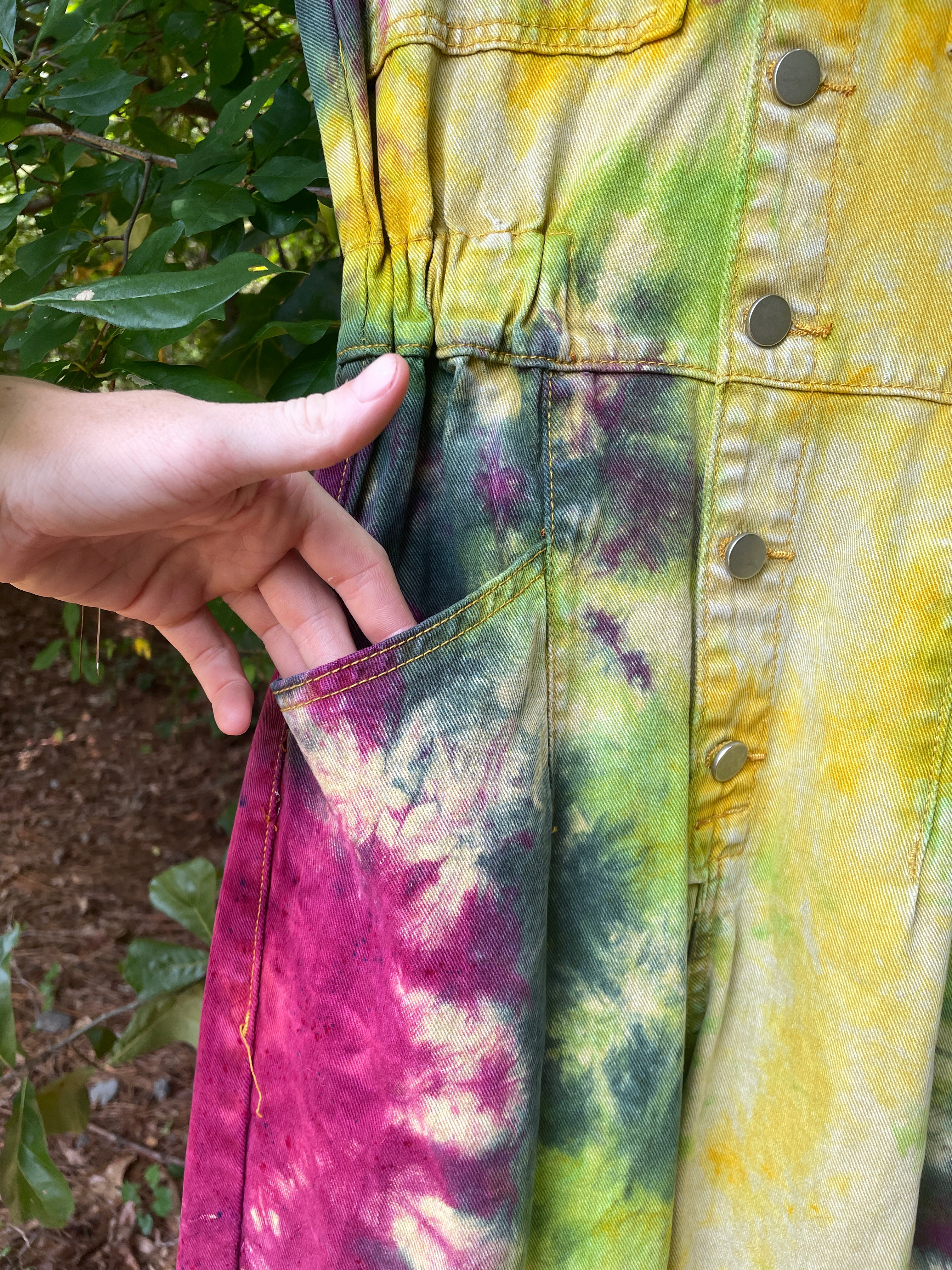 SMALL Women's Handmade Tie Dye Jumpsuit (WITH POCKETS) | One-of-a-Kind Yellow and Green Denim Coveralls