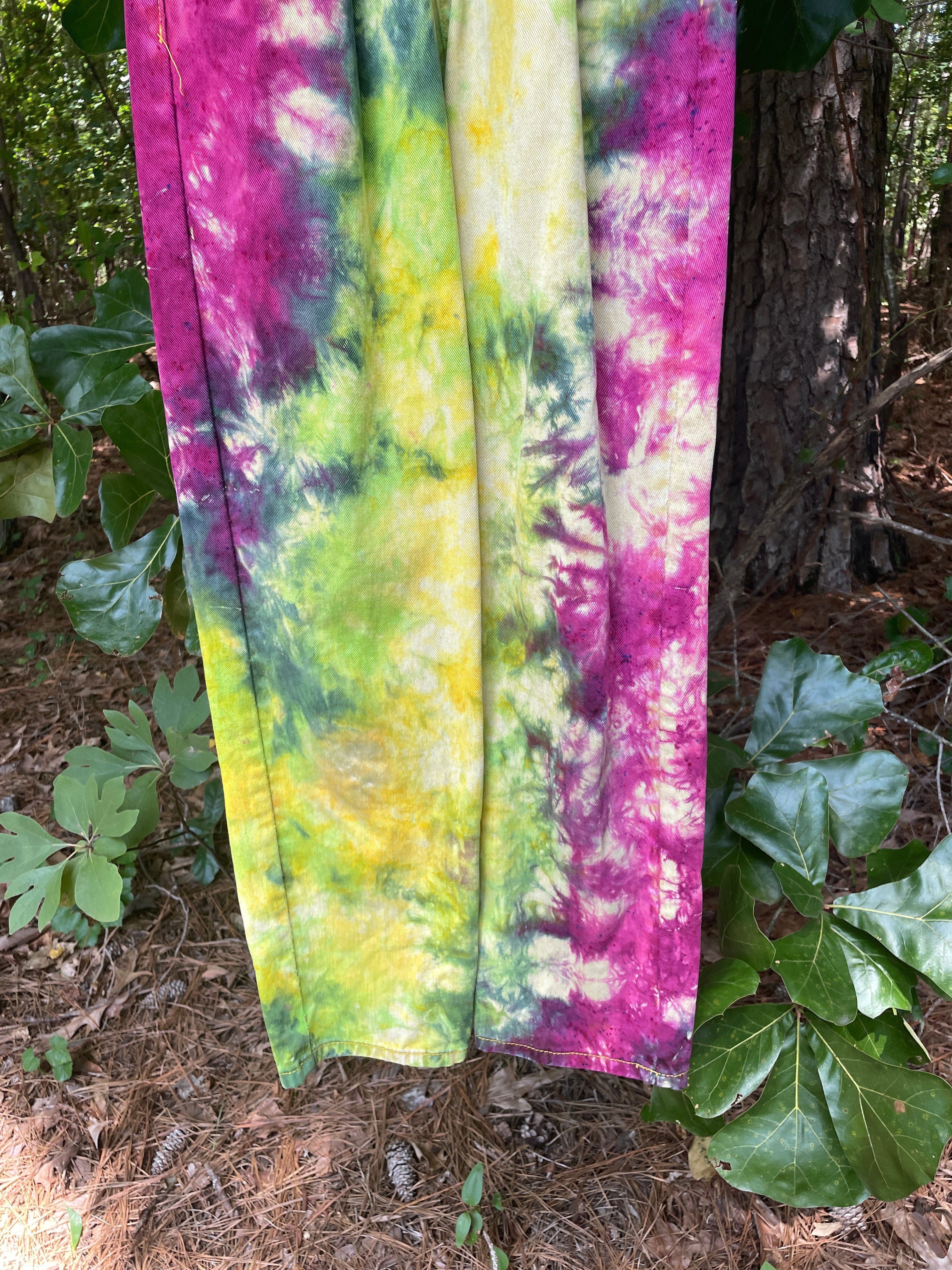 SMALL Women's Handmade Tie Dye Jumpsuit (WITH POCKETS) | One-of-a-Kind Yellow and Green Denim Coveralls
