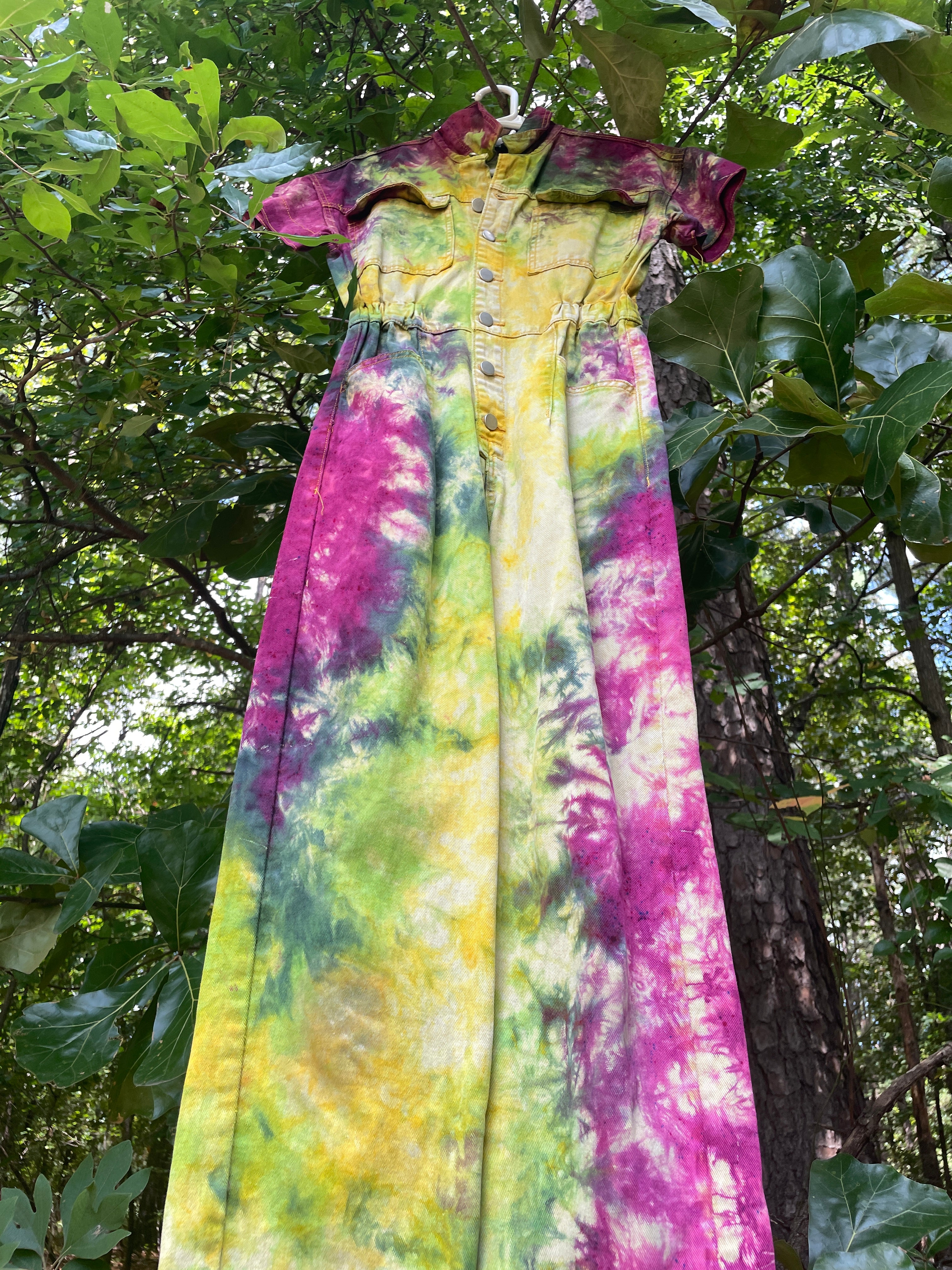 SMALL Women's Handmade Tie Dye Jumpsuit (WITH POCKETS) | One-of-a-Kind Yellow and Green Denim Coveralls