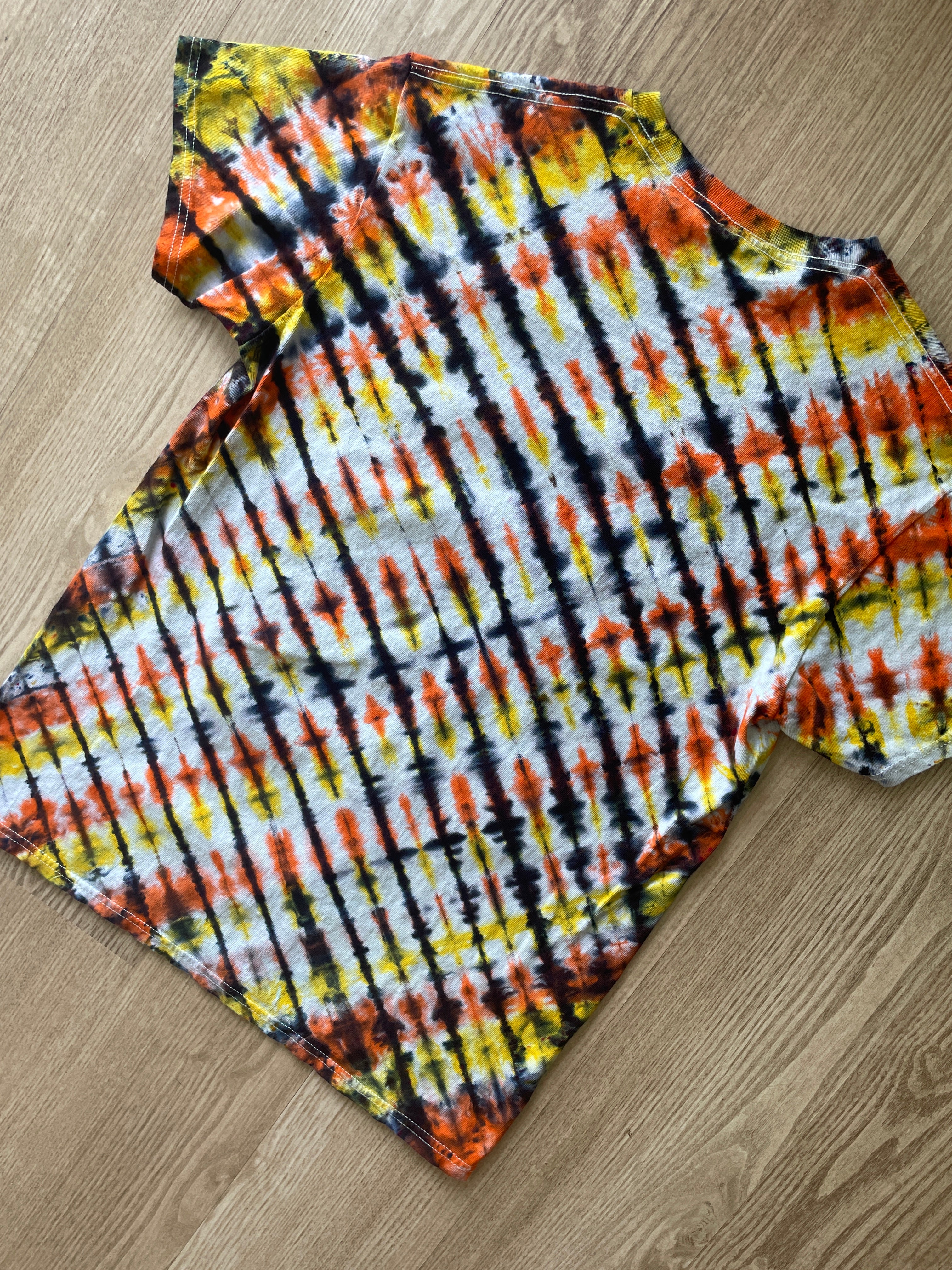 SMALL Men’s Bugs Bunny Toon Squad Tie Dye T-Shirt | One-Of-a-Kind Orange, Yellow, and Black Crumpled Short Sleeve