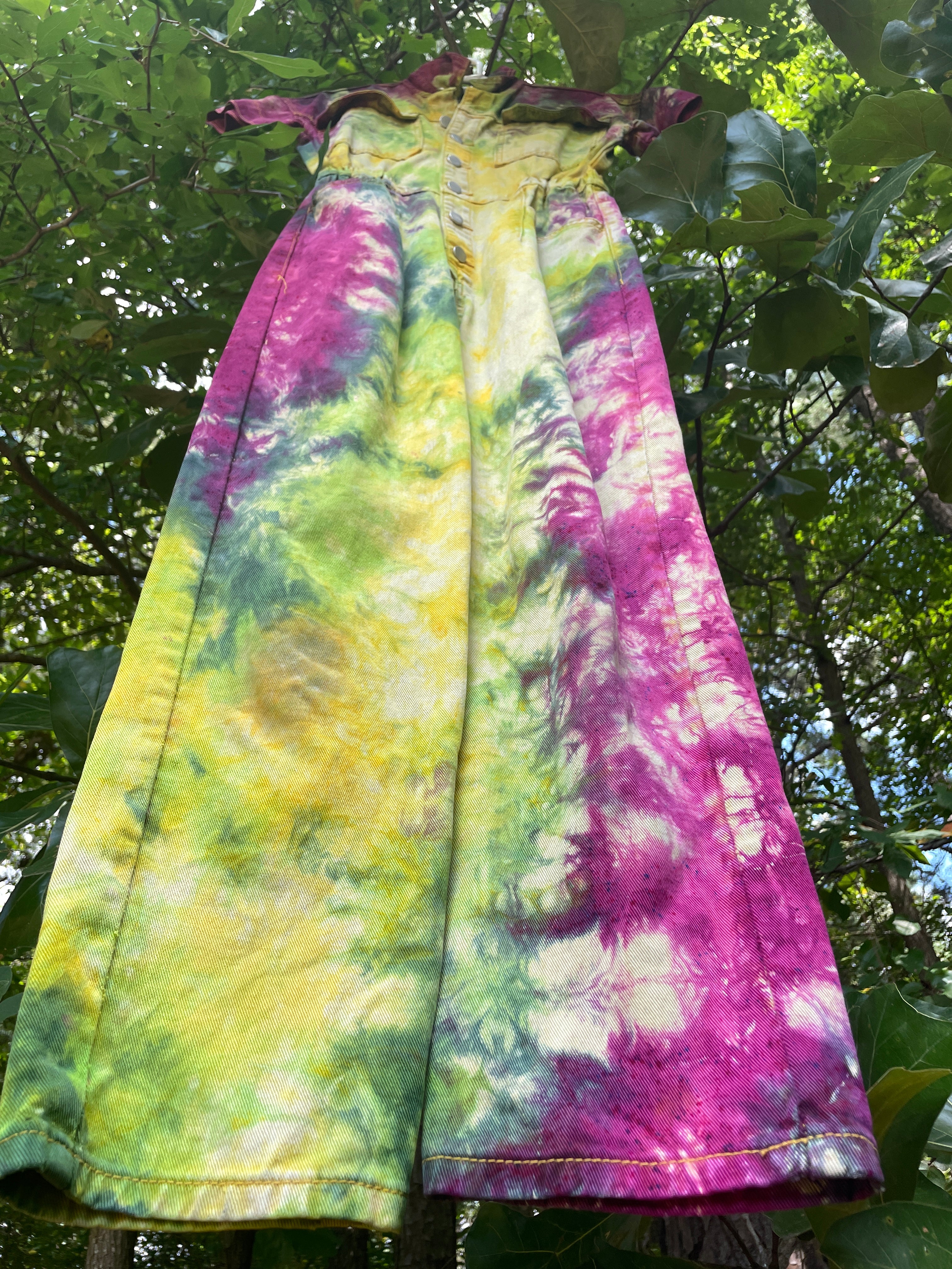 SMALL Women's Handmade Tie Dye Jumpsuit (WITH POCKETS) | One-of-a-Kind Yellow and Green Denim Coveralls